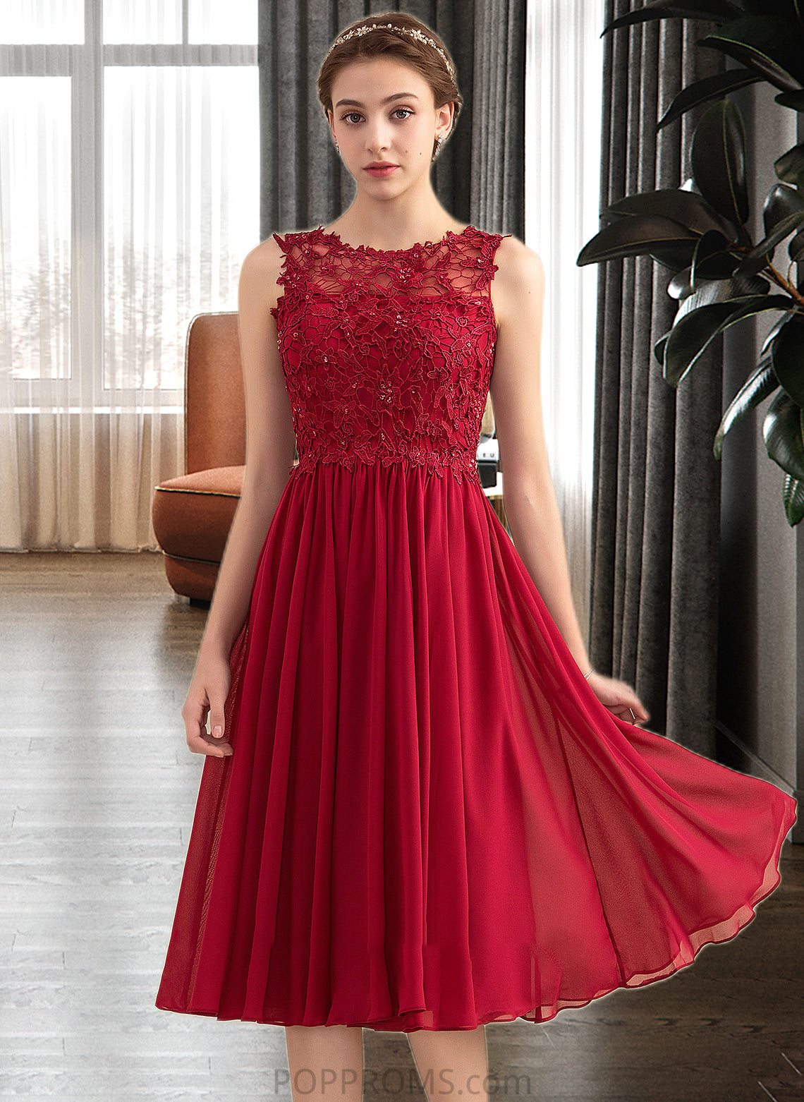 Kianna A-Line Scoop Neck Knee-Length Chiffon Lace Bridesmaid Dress With Beading Sequins PP6P0013208