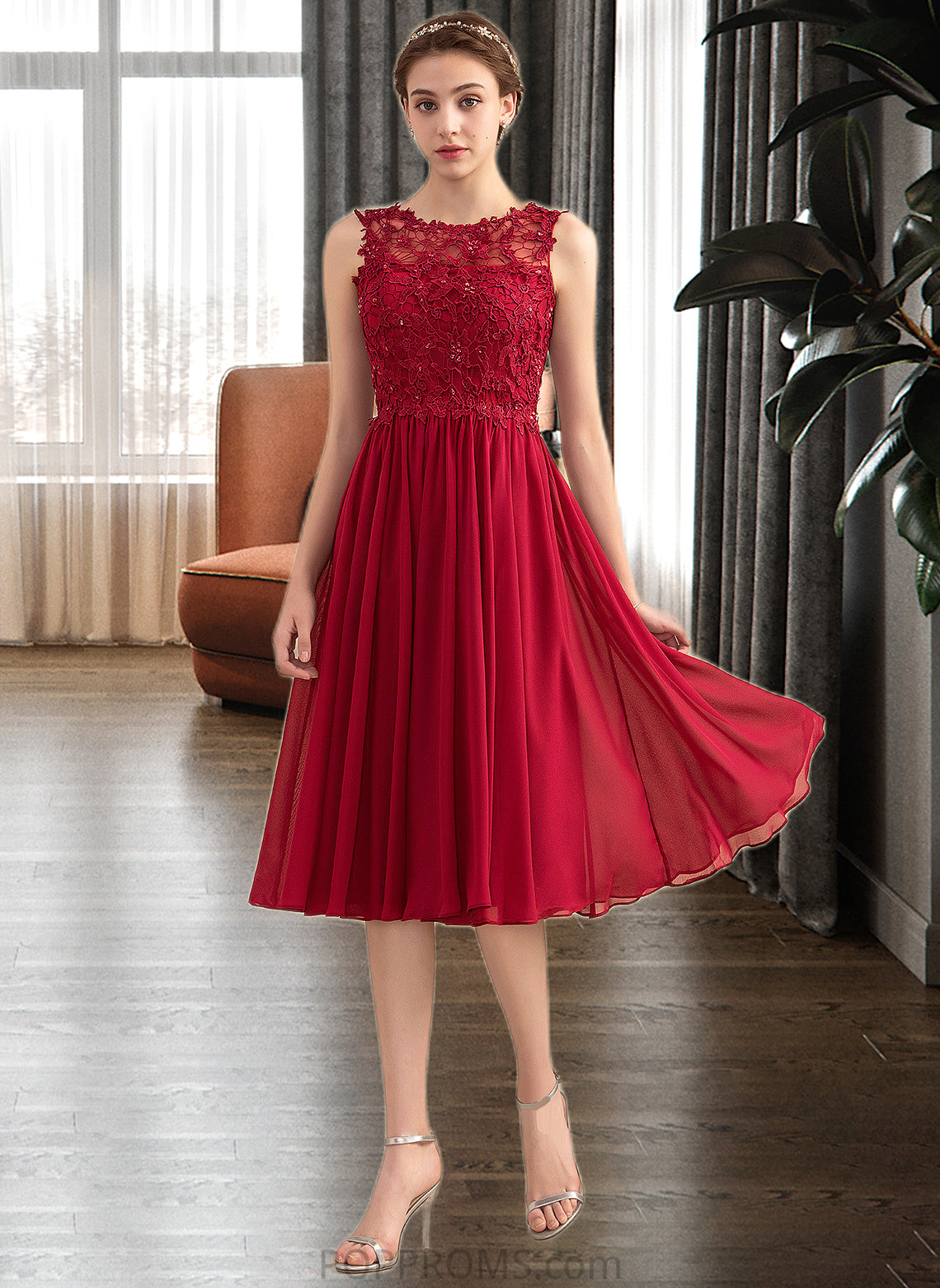 Kianna A-Line Scoop Neck Knee-Length Chiffon Lace Bridesmaid Dress With Beading Sequins PP6P0013208