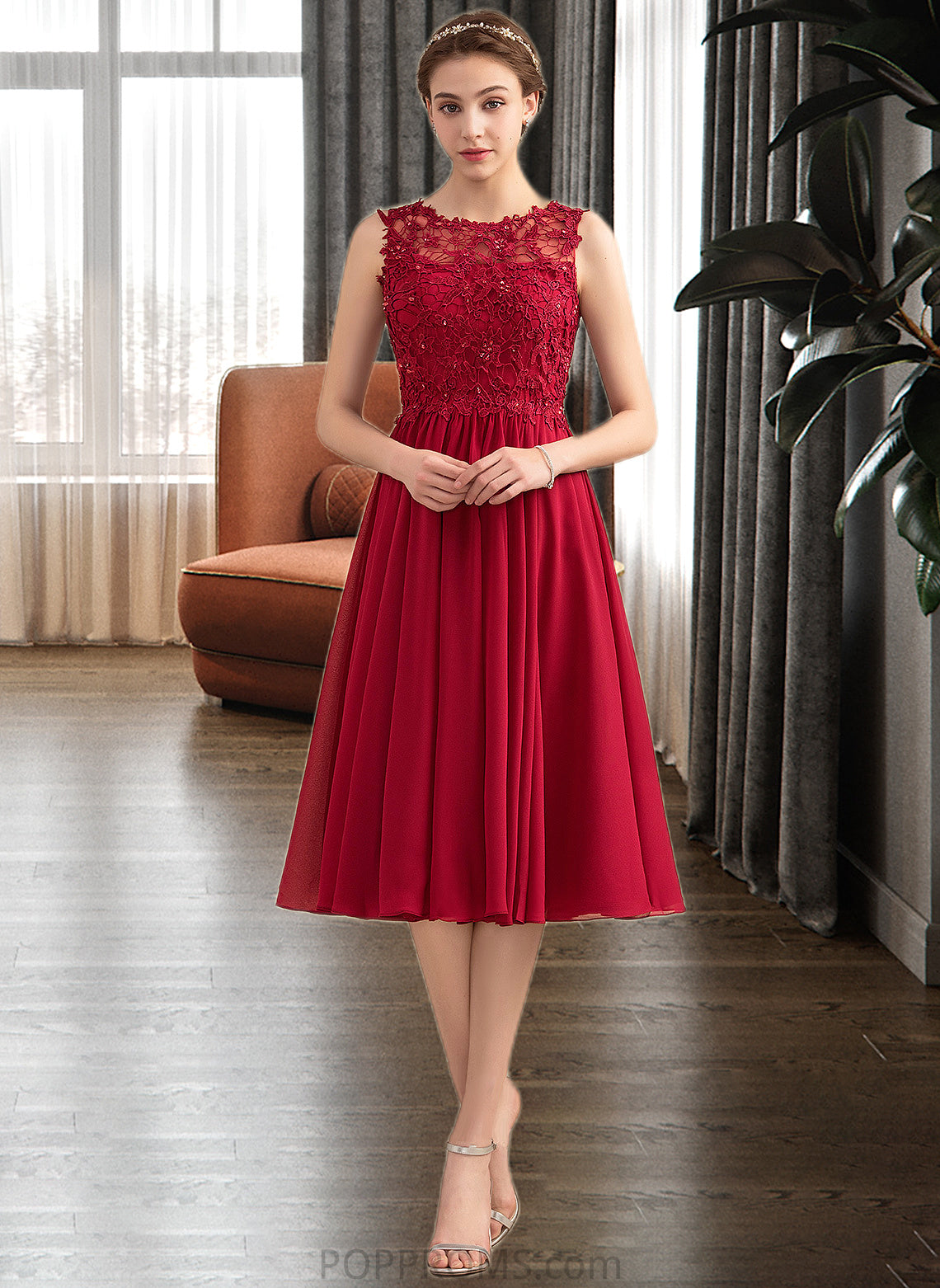 Kianna A-Line Scoop Neck Knee-Length Chiffon Lace Bridesmaid Dress With Beading Sequins PP6P0013208