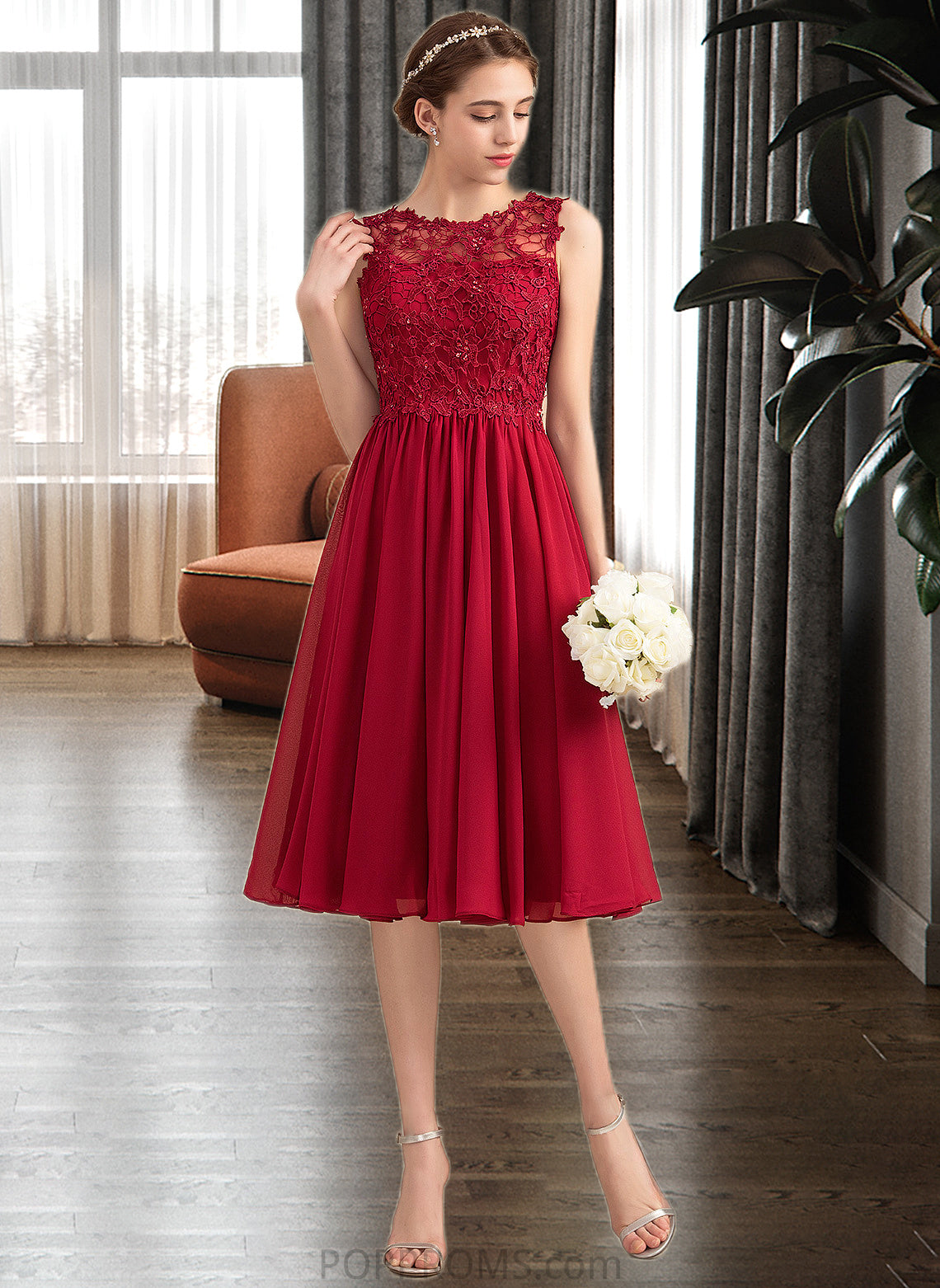 Kianna A-Line Scoop Neck Knee-Length Chiffon Lace Bridesmaid Dress With Beading Sequins PP6P0013208