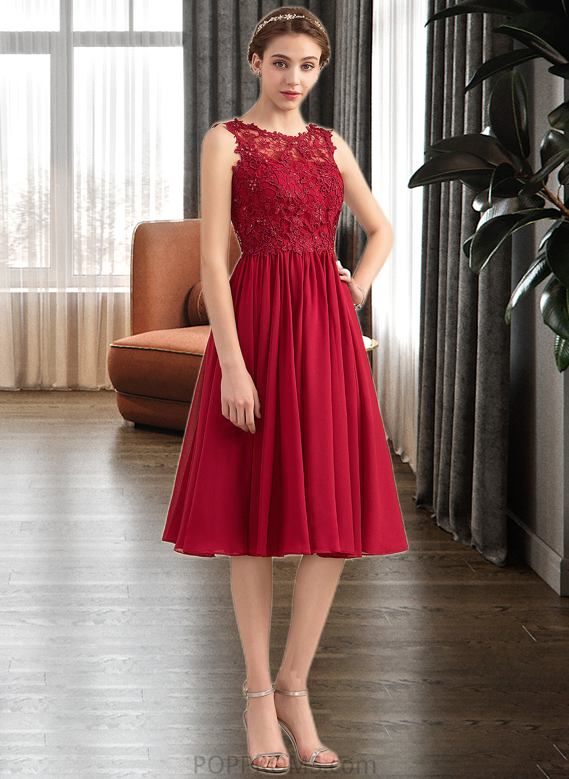 Kianna A-Line Scoop Neck Knee-Length Chiffon Lace Bridesmaid Dress With Beading Sequins PP6P0013208