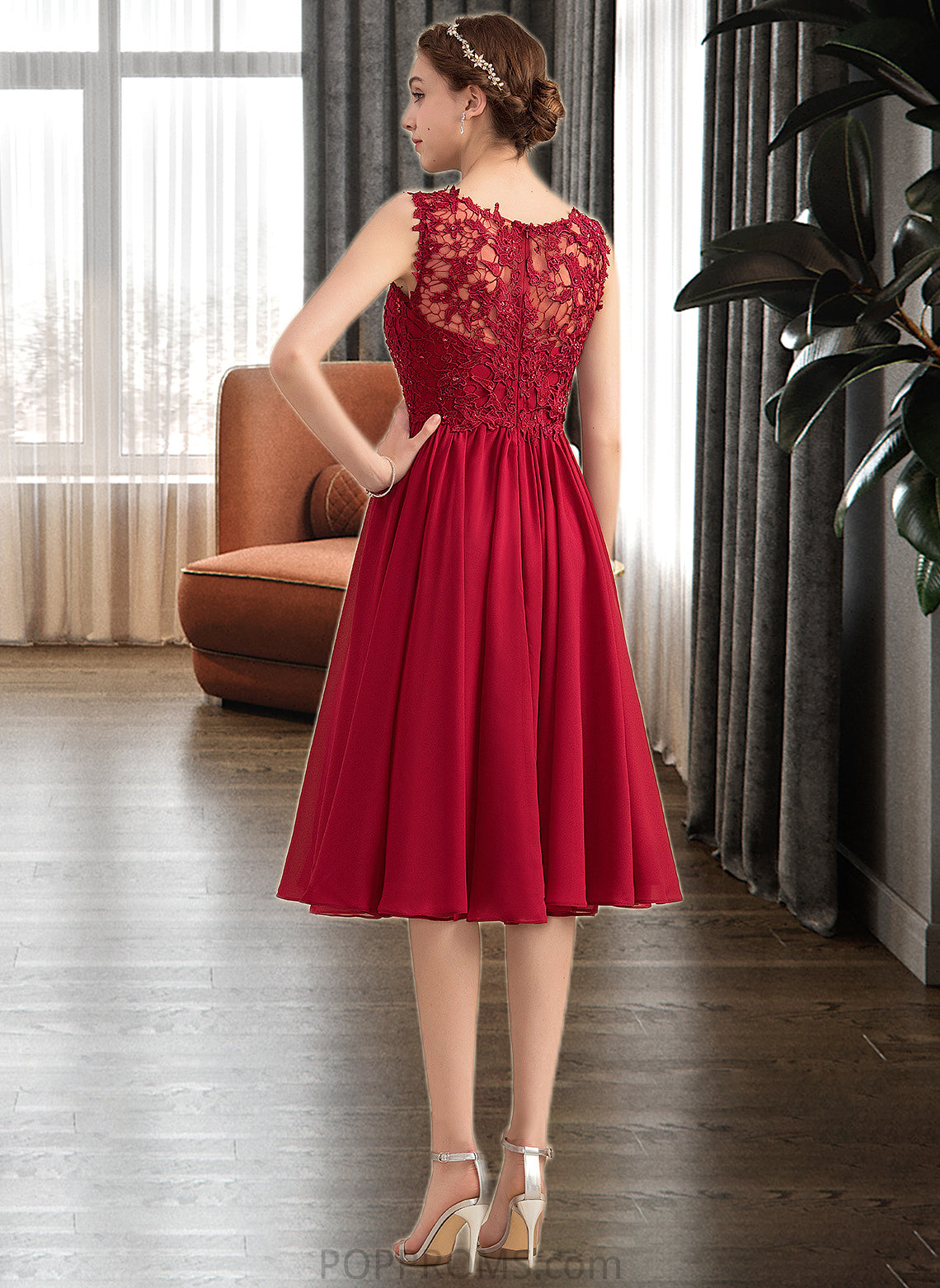 Kianna A-Line Scoop Neck Knee-Length Chiffon Lace Bridesmaid Dress With Beading Sequins PP6P0013208