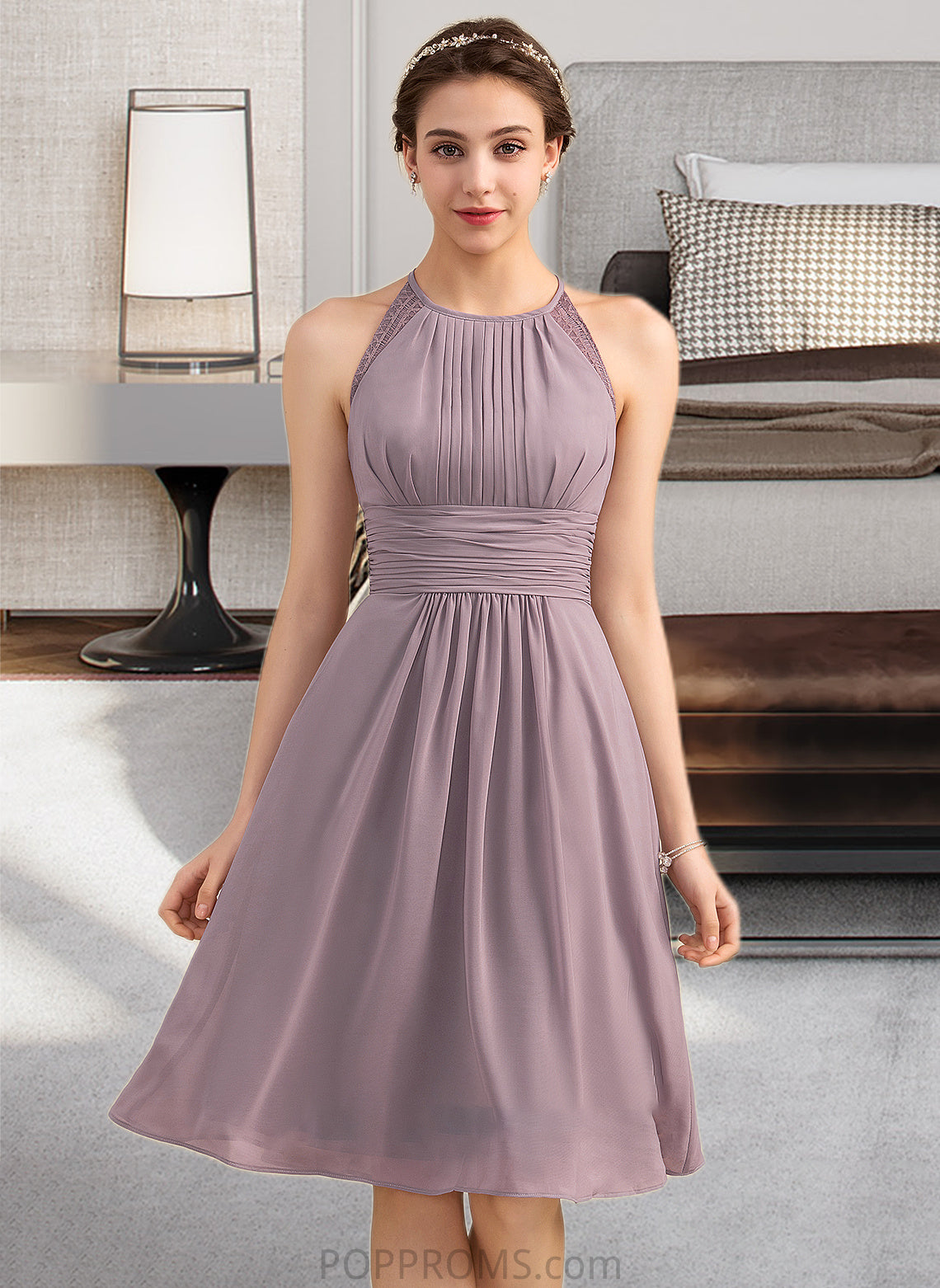 Rebecca A-Line Scoop Neck Knee-Length Chiffon Lace Bridesmaid Dress With Ruffle PP6P0013209