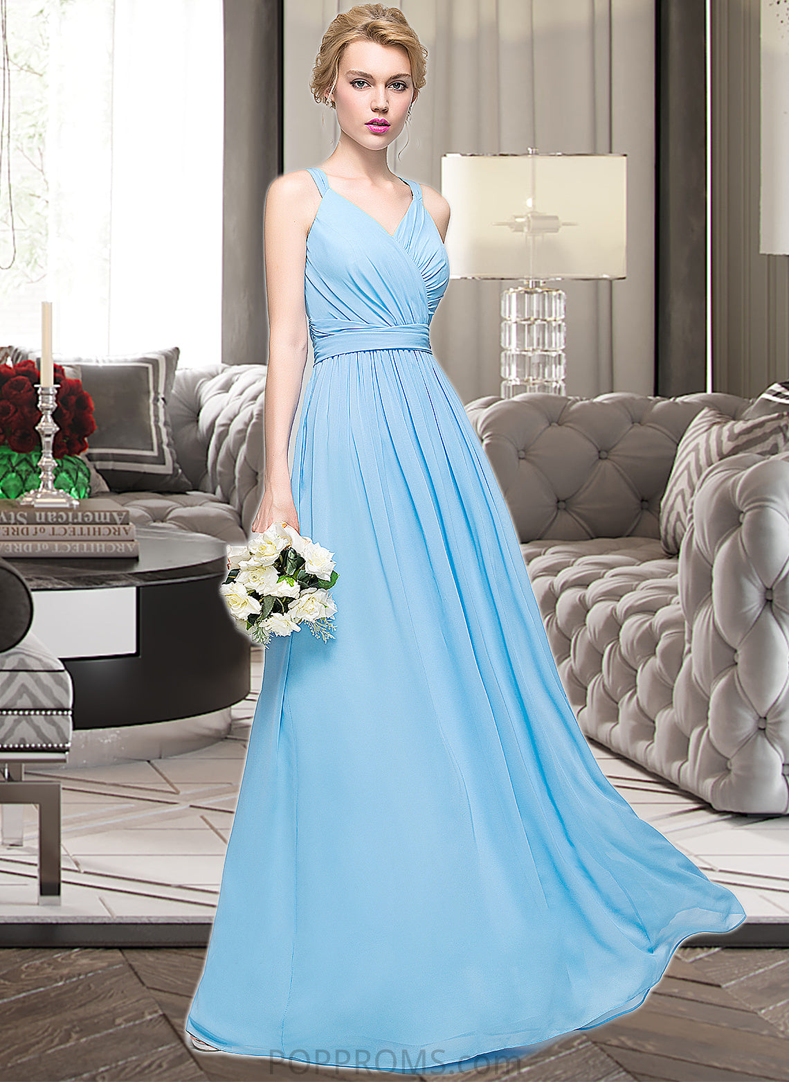 Yamilet A-Line V-neck Floor-Length Chiffon Bridesmaid Dress With Ruffle Bow(s) PP6P0013211