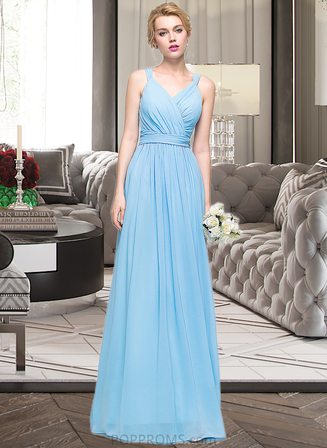 Yamilet A-Line V-neck Floor-Length Chiffon Bridesmaid Dress With Ruffle Bow(s) PP6P0013211