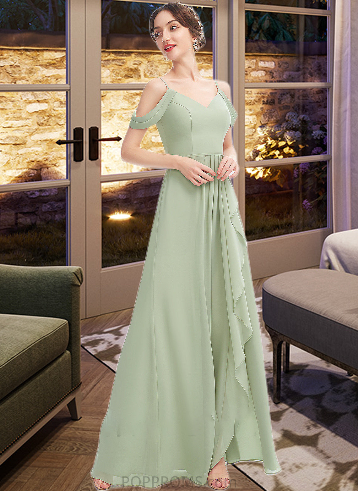 Joanne A-Line V-neck Floor-Length Bridesmaid Dress With Ruffle Split Front PP6P0013213