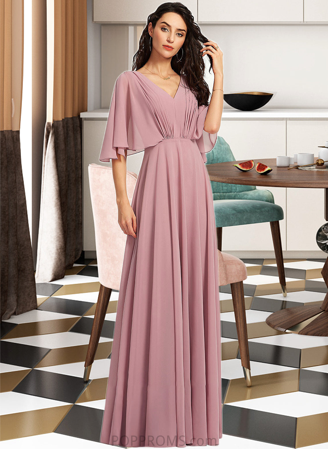 Amelie A-Line V-neck Floor-Length Bridesmaid Dress With Ruffle PP6P0013214