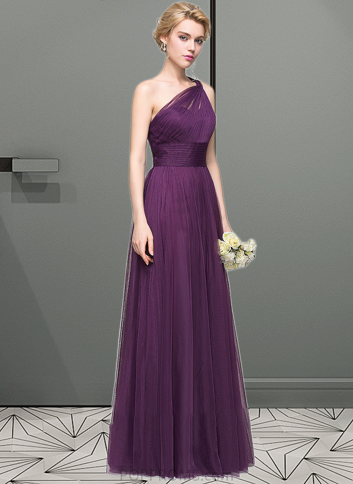 Angelique A-Line One-Shoulder Floor-Length Tulle Bridesmaid Dress With Ruffle PP6P0013216