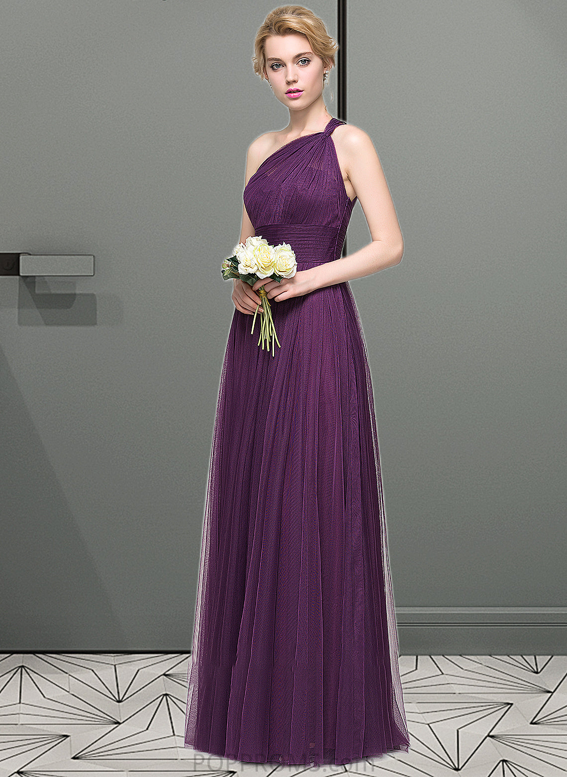 Angelique A-Line One-Shoulder Floor-Length Tulle Bridesmaid Dress With Ruffle PP6P0013216