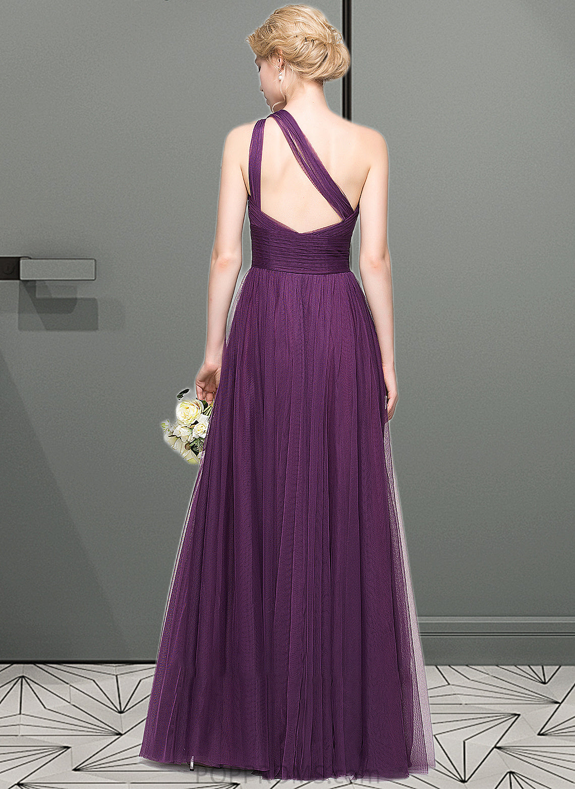 Angelique A-Line One-Shoulder Floor-Length Tulle Bridesmaid Dress With Ruffle PP6P0013216