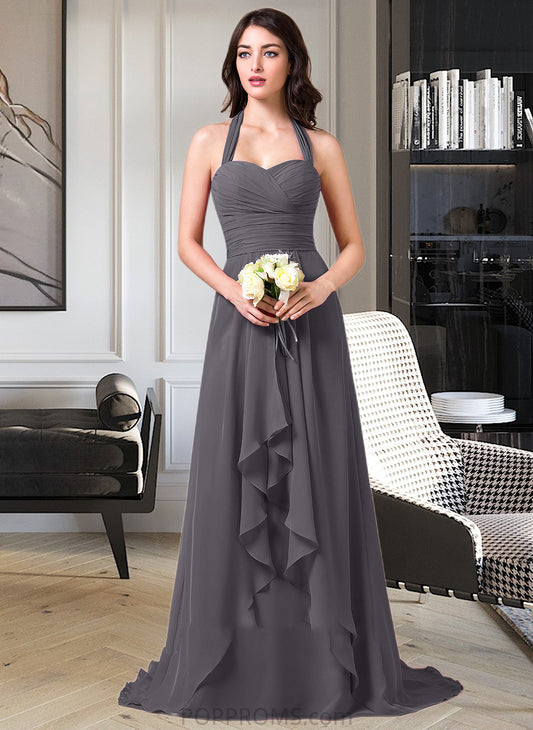 Sandy A-Line Halter Sweep Train Chiffon Bridesmaid Dress With Bow(s) Cascading Ruffles PP6P0013217