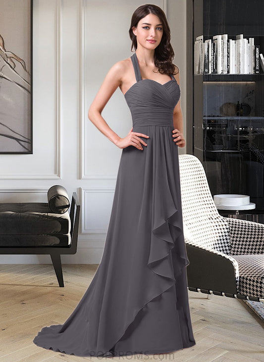 Sandy A-Line Halter Sweep Train Chiffon Bridesmaid Dress With Bow(s) Cascading Ruffles PP6P0013217