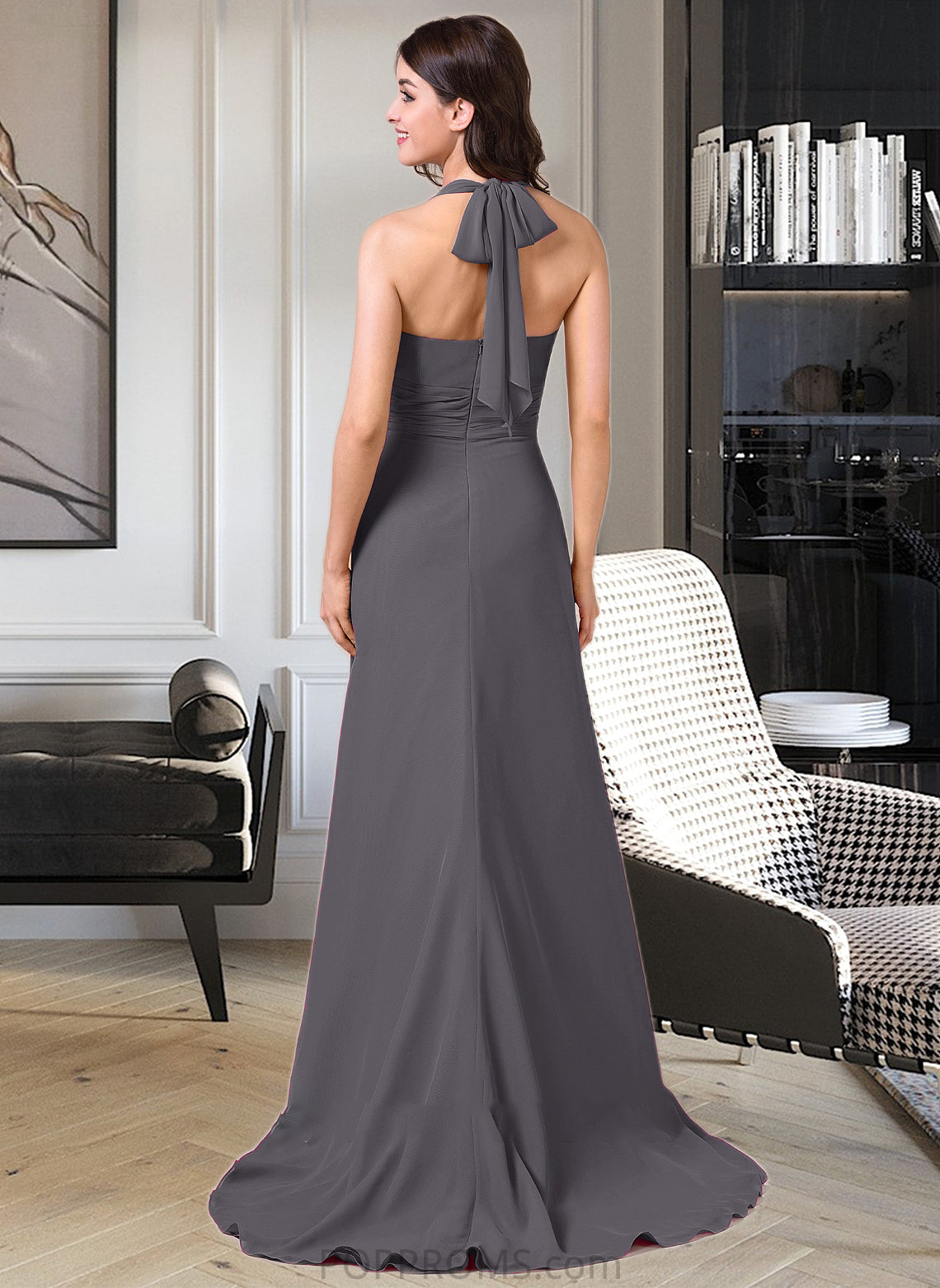 Sandy A-Line Halter Sweep Train Chiffon Bridesmaid Dress With Bow(s) Cascading Ruffles PP6P0013217