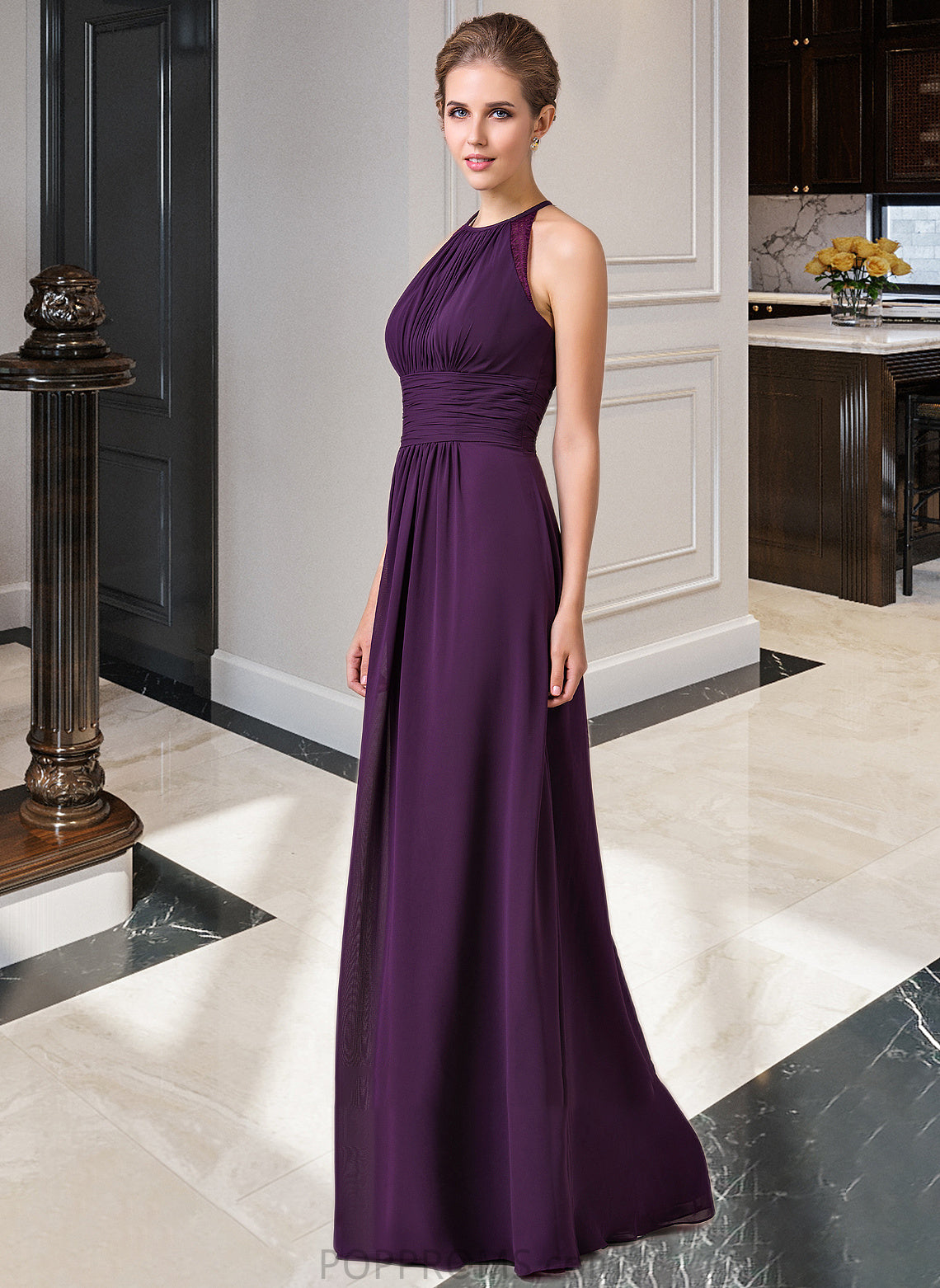 Dulce Chiffon Halter-neck Floor-length Bridesmaid Dress With Lace PP6P0013218