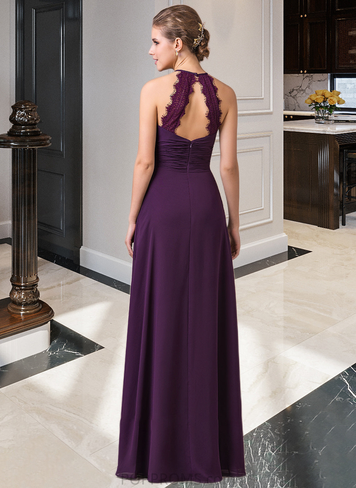 Dulce Chiffon Halter-neck Floor-length Bridesmaid Dress With Lace PP6P0013218