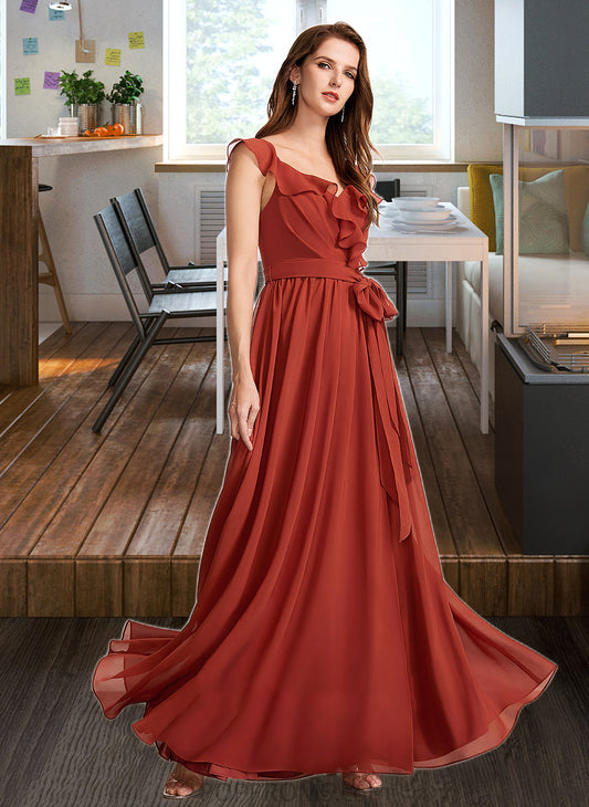 Micaela A-Line V-neck Floor-Length Bridesmaid Dress With Ruffle PP6P0013221