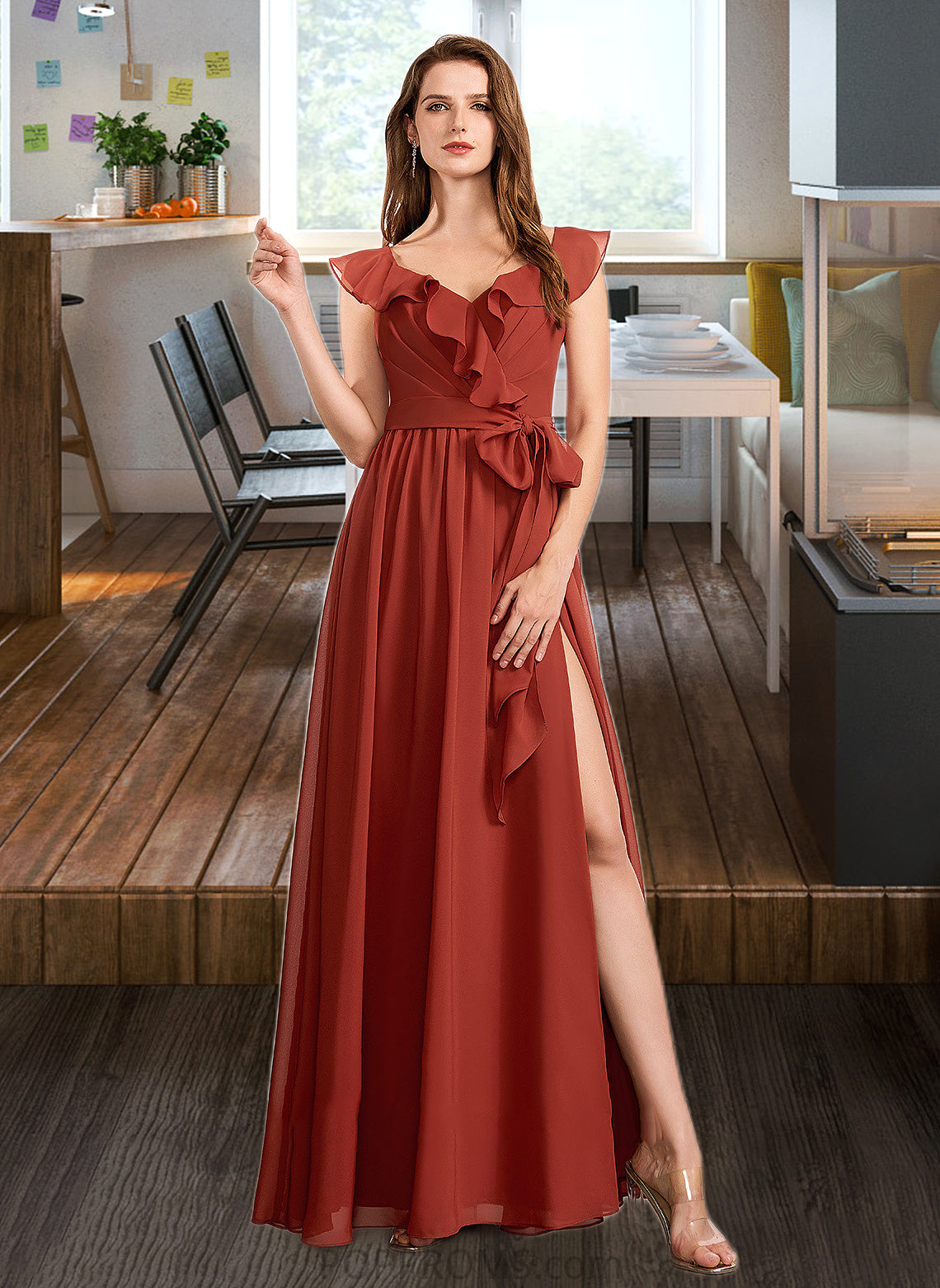 Micaela A-Line V-neck Floor-Length Bridesmaid Dress With Ruffle PP6P0013221