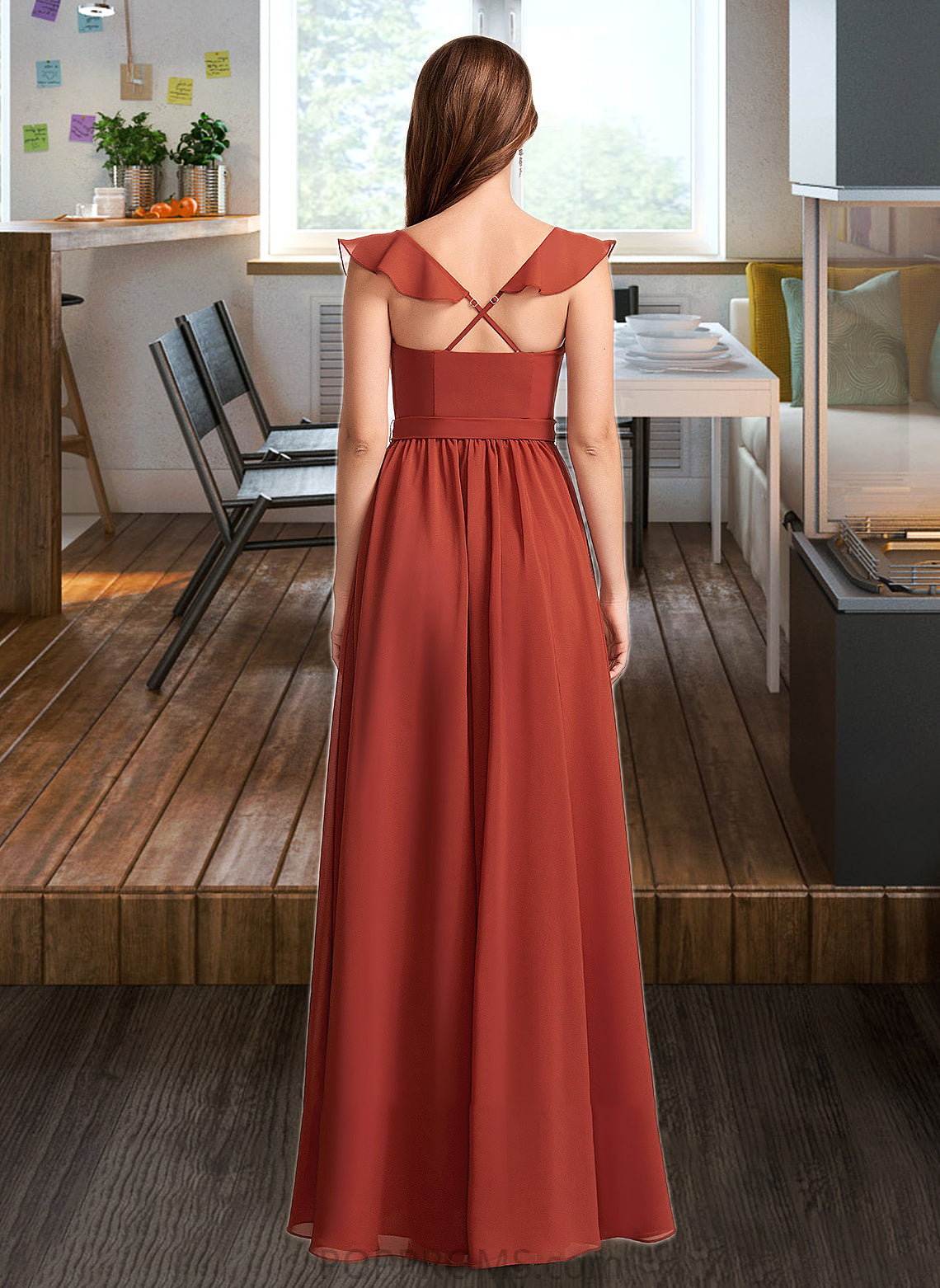 Micaela A-Line V-neck Floor-Length Bridesmaid Dress With Ruffle PP6P0013221