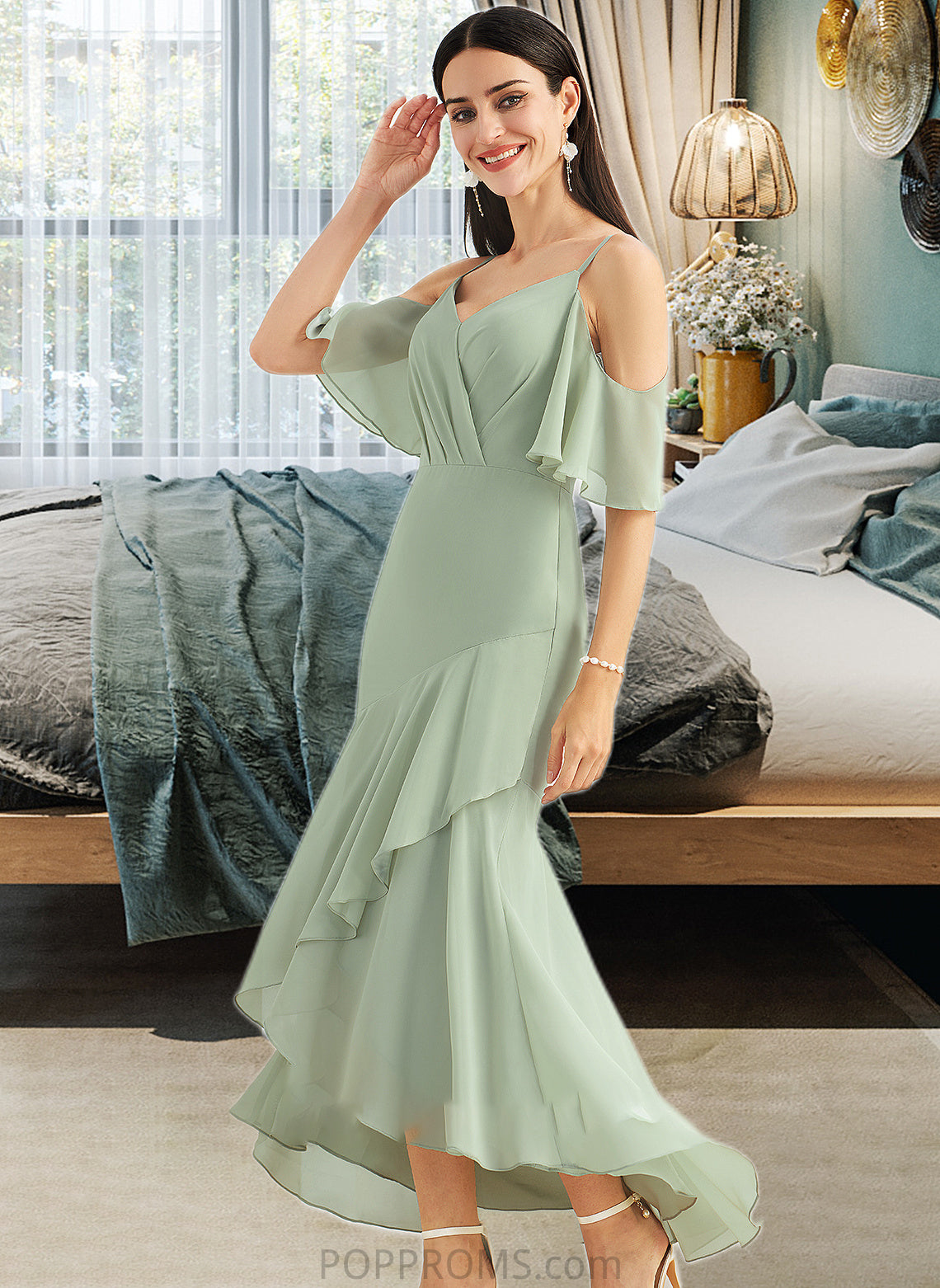 Kirsten Trumpet/Mermaid V-neck Asymmetrical Bridesmaid Dress With Ruffle PP6P0013222