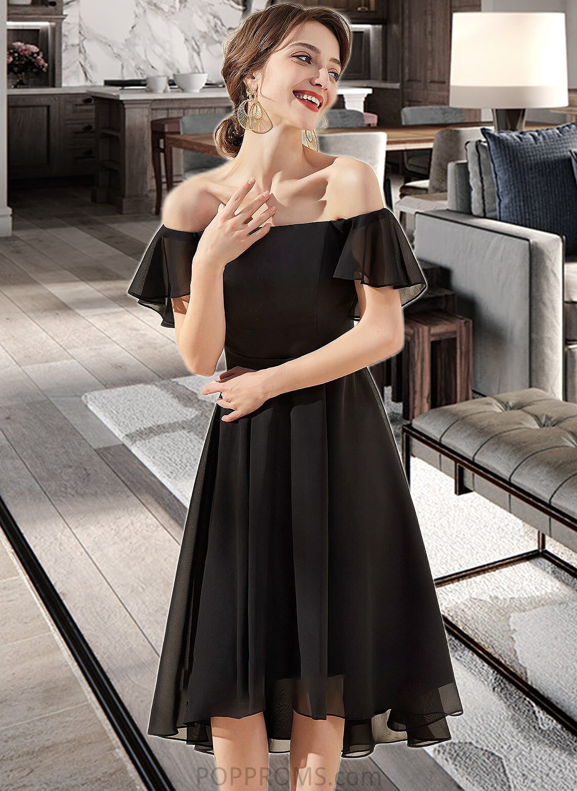 Geraldine A-Line Off-the-Shoulder Asymmetrical Chiffon Bridesmaid Dress With Cascading Ruffles PP6P0013224