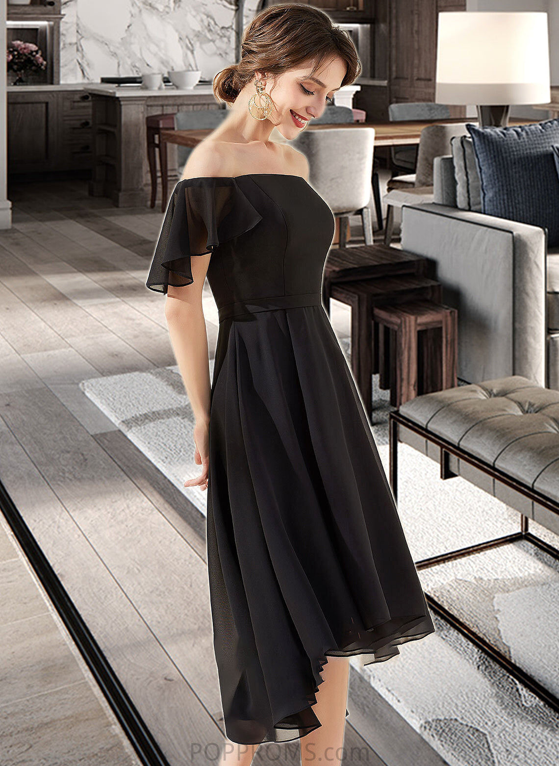 Geraldine A-Line Off-the-Shoulder Asymmetrical Chiffon Bridesmaid Dress With Cascading Ruffles PP6P0013224