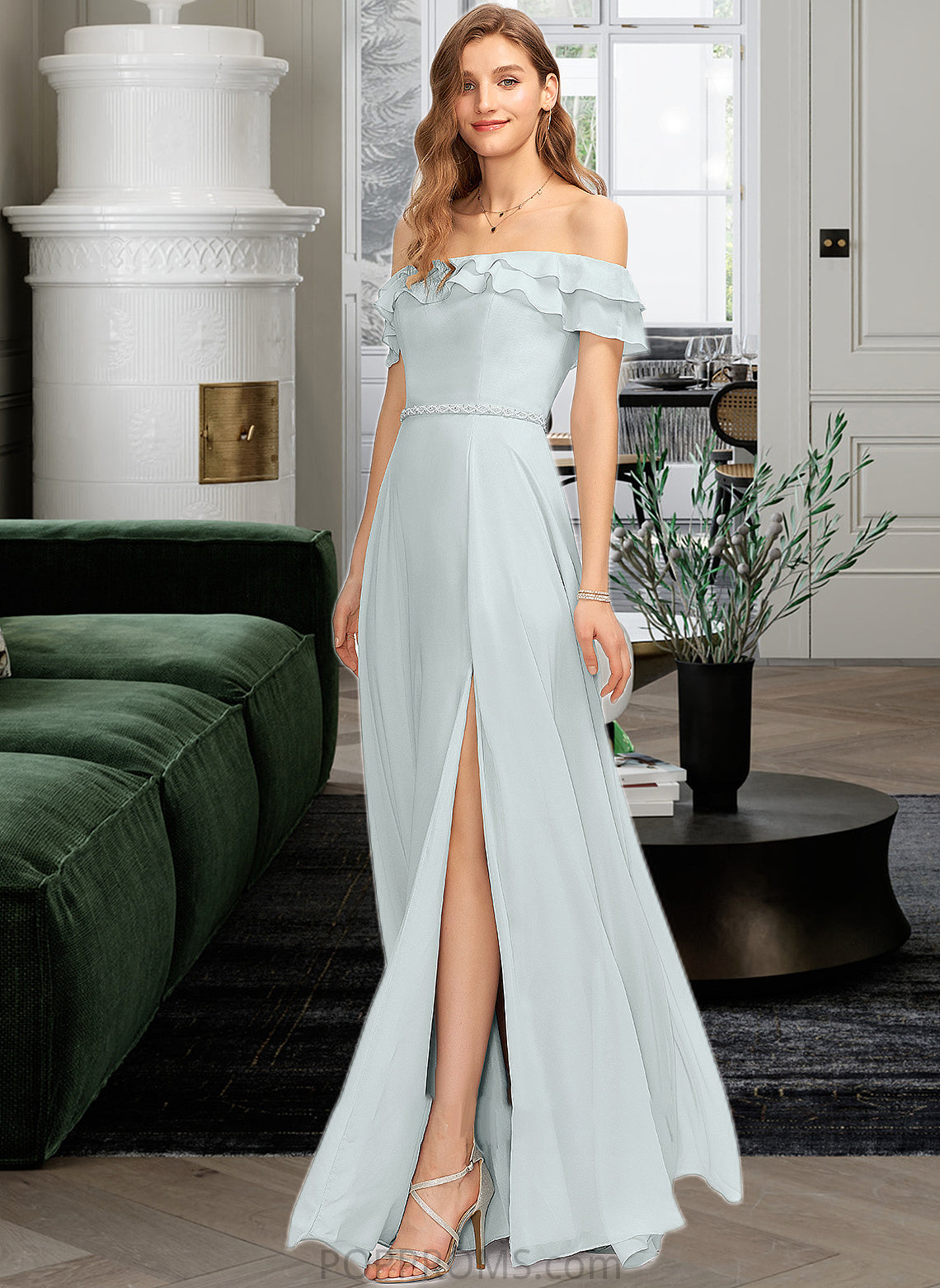 Jaden A-Line Off-the-Shoulder Floor-Length Chiffon Bridesmaid Dress With Beading Split Front Cascading Ruffles PP6P0013226