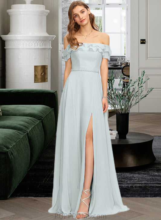 Jaden A-Line Off-the-Shoulder Floor-Length Chiffon Bridesmaid Dress With Beading Split Front Cascading Ruffles PP6P0013226