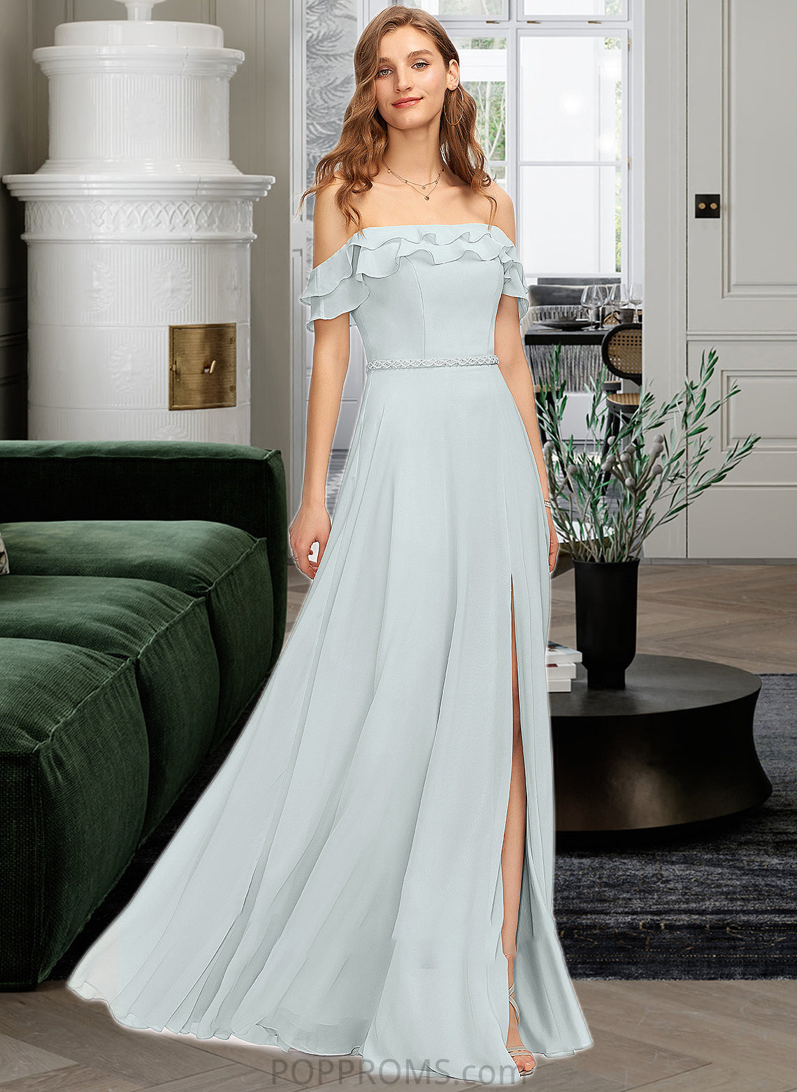 Jaden A-Line Off-the-Shoulder Floor-Length Chiffon Bridesmaid Dress With Beading Split Front Cascading Ruffles PP6P0013226