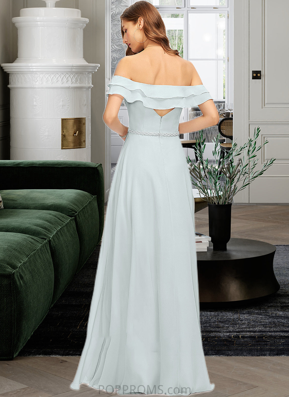 Jaden A-Line Off-the-Shoulder Floor-Length Chiffon Bridesmaid Dress With Beading Split Front Cascading Ruffles PP6P0013226