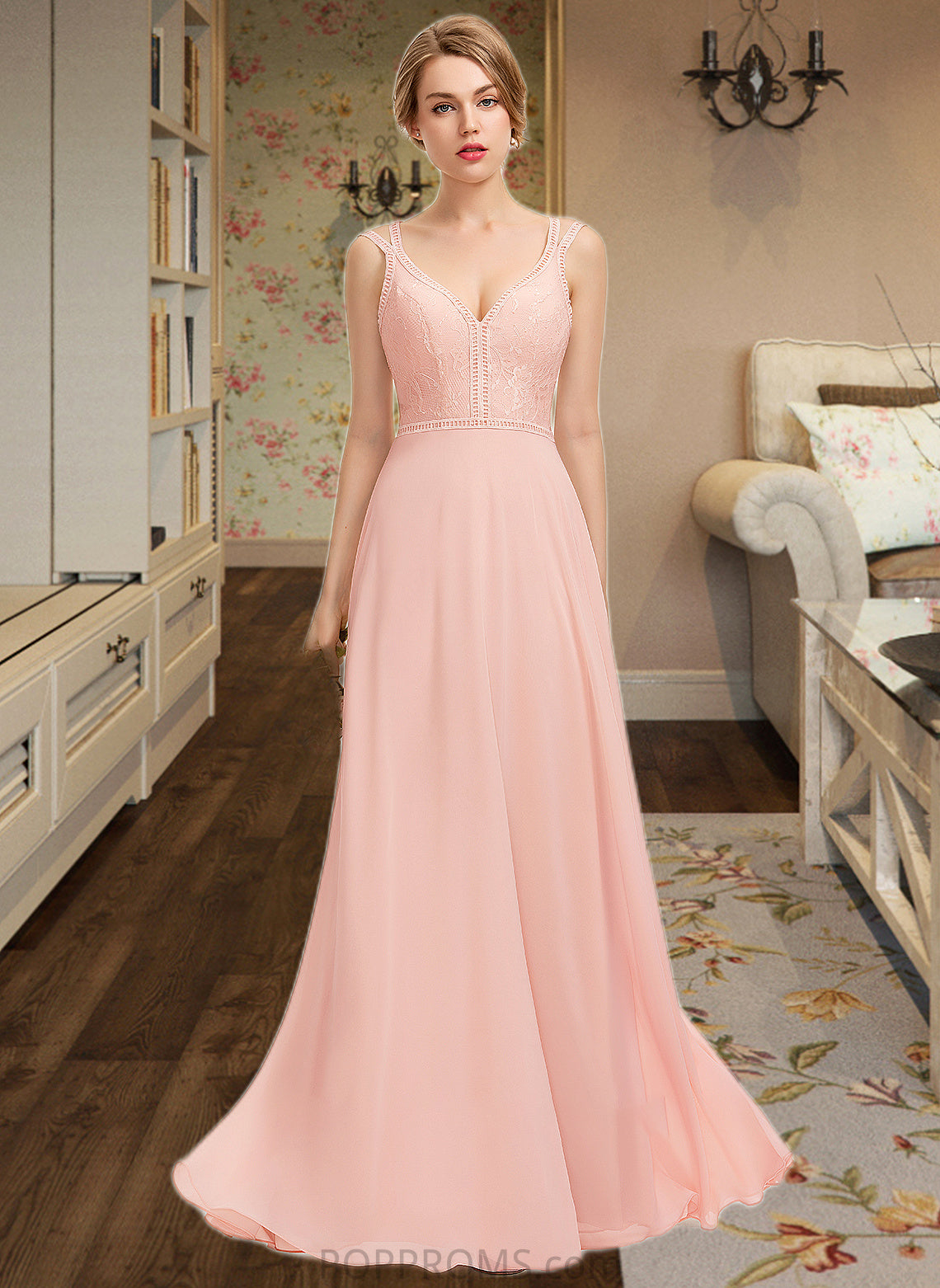 Tamia A-Line V-neck Floor-Length Chiffon Lace Bridesmaid Dress PP6P0013227