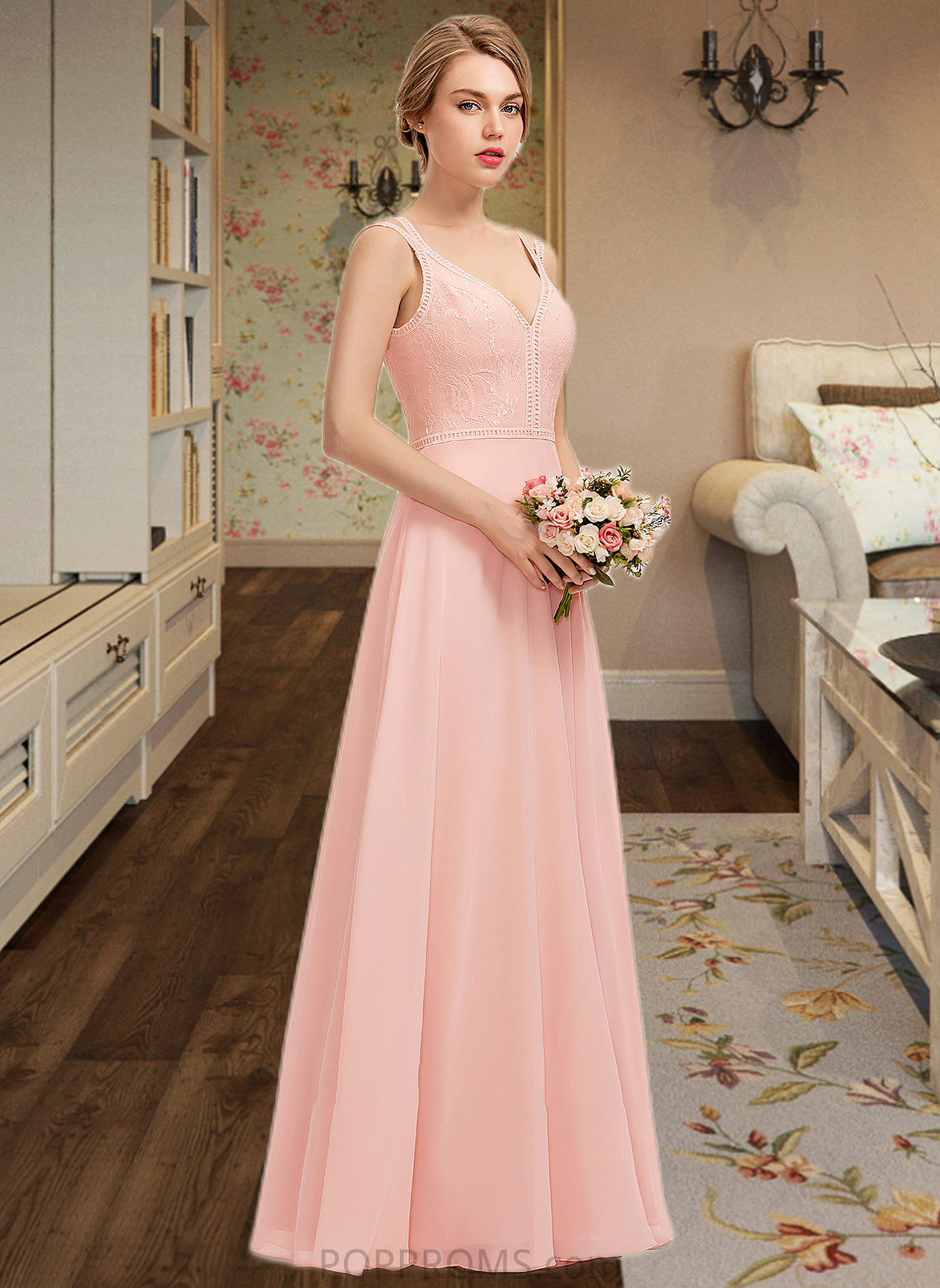 Tamia A-Line V-neck Floor-Length Chiffon Lace Bridesmaid Dress PP6P0013227