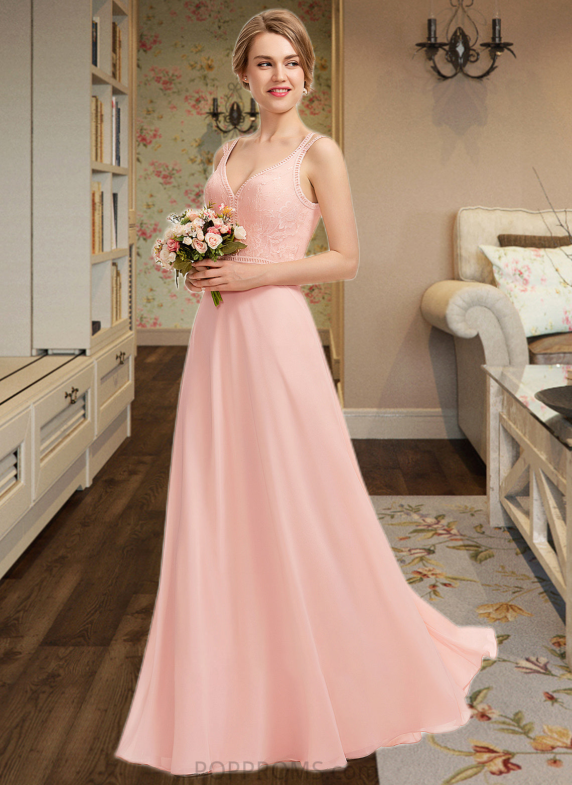 Tamia A-Line V-neck Floor-Length Chiffon Lace Bridesmaid Dress PP6P0013227