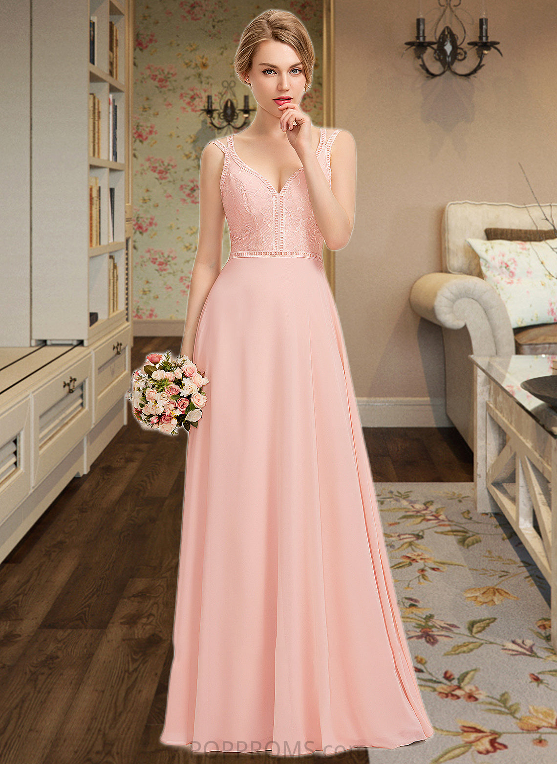 Tamia A-Line V-neck Floor-Length Chiffon Lace Bridesmaid Dress PP6P0013227