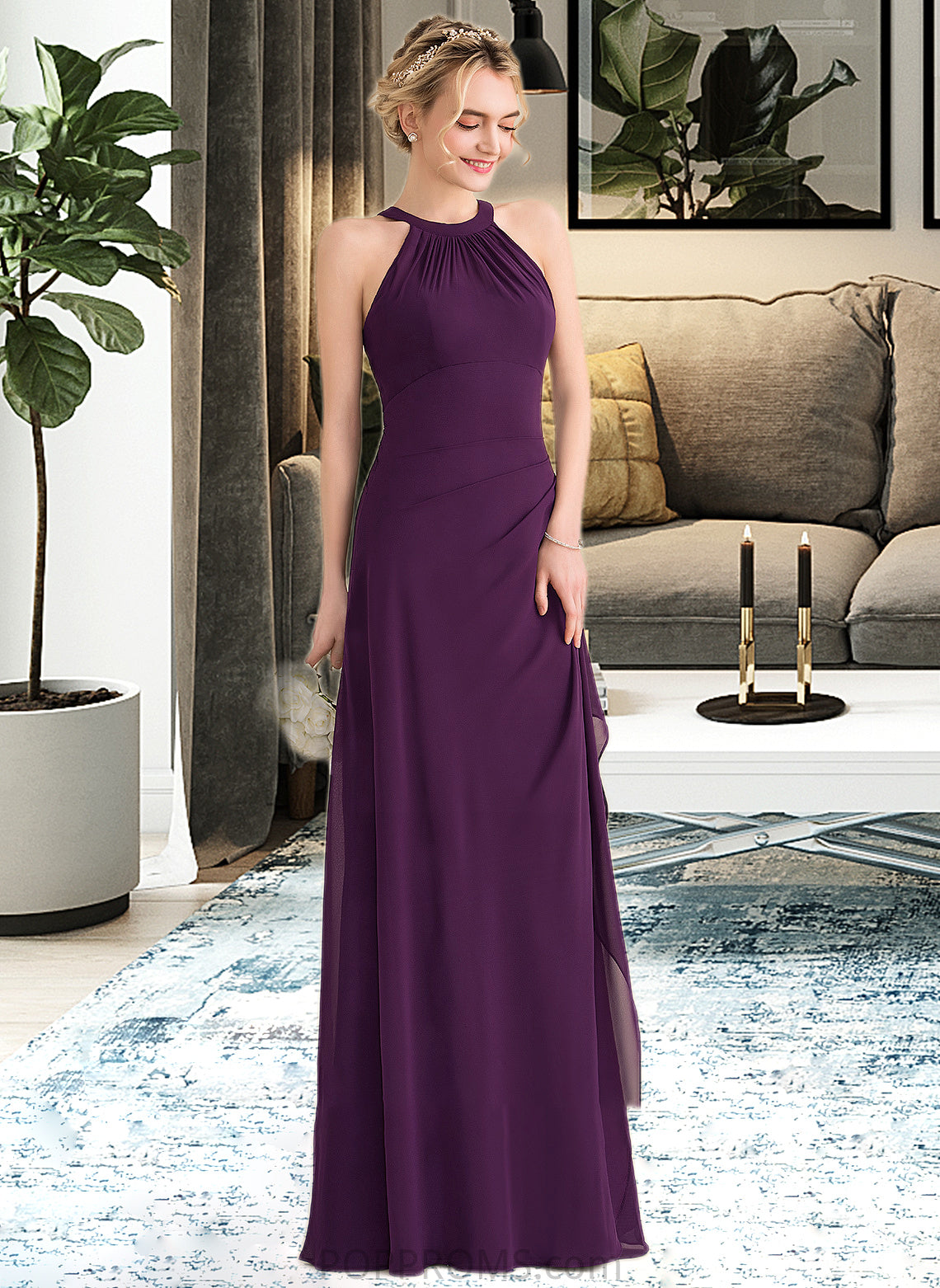 Khloe A-Line Scoop Neck Floor-Length Chiffon Bridesmaid Dress With Cascading Ruffles PP6P0013228