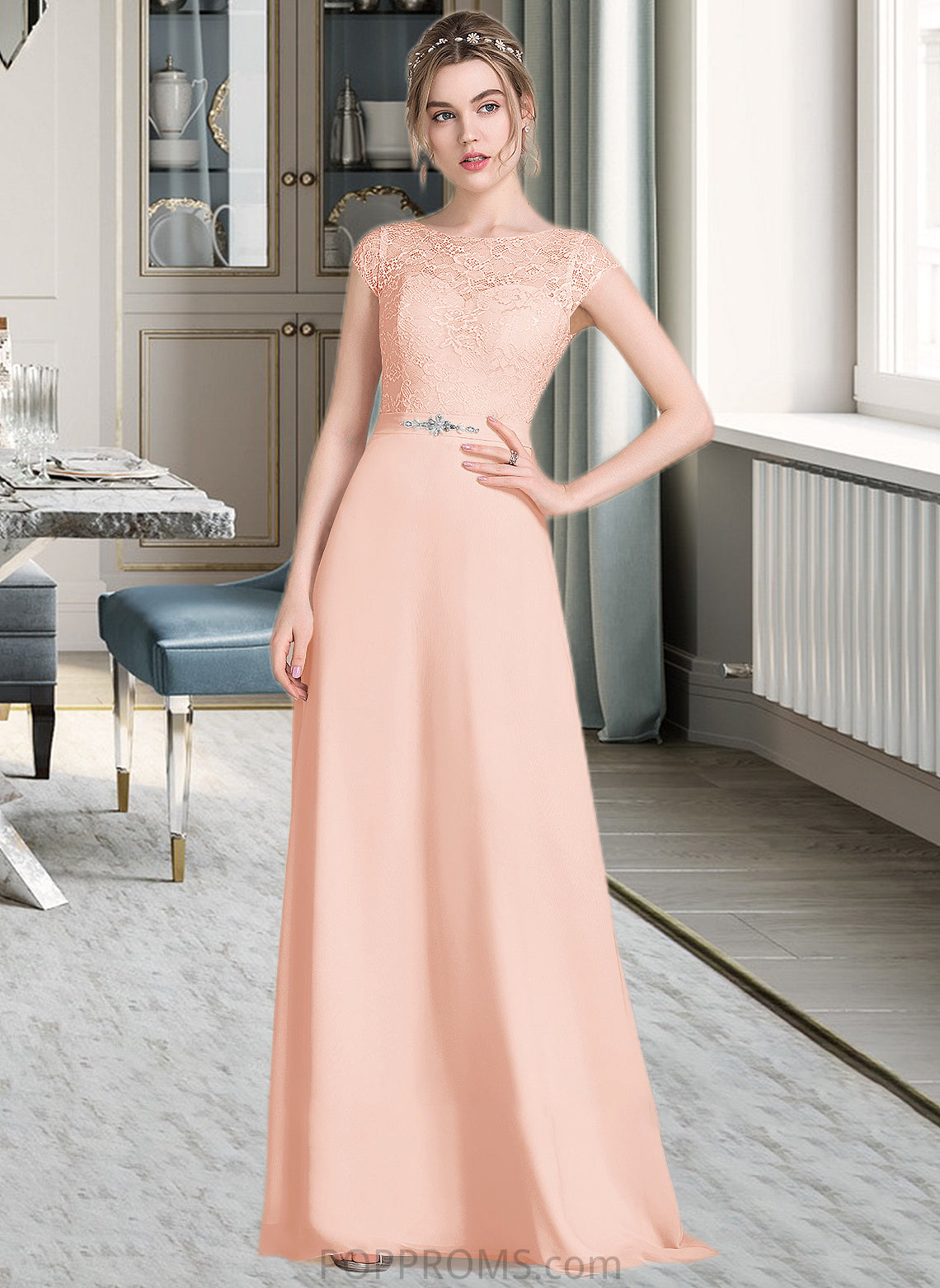 Poll A-Line Scoop Neck Floor-Length Chiffon Lace Bridesmaid Dress With Beading Bow(s) PP6P0013229