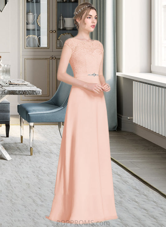 Poll A-Line Scoop Neck Floor-Length Chiffon Lace Bridesmaid Dress With Beading Bow(s) PP6P0013229