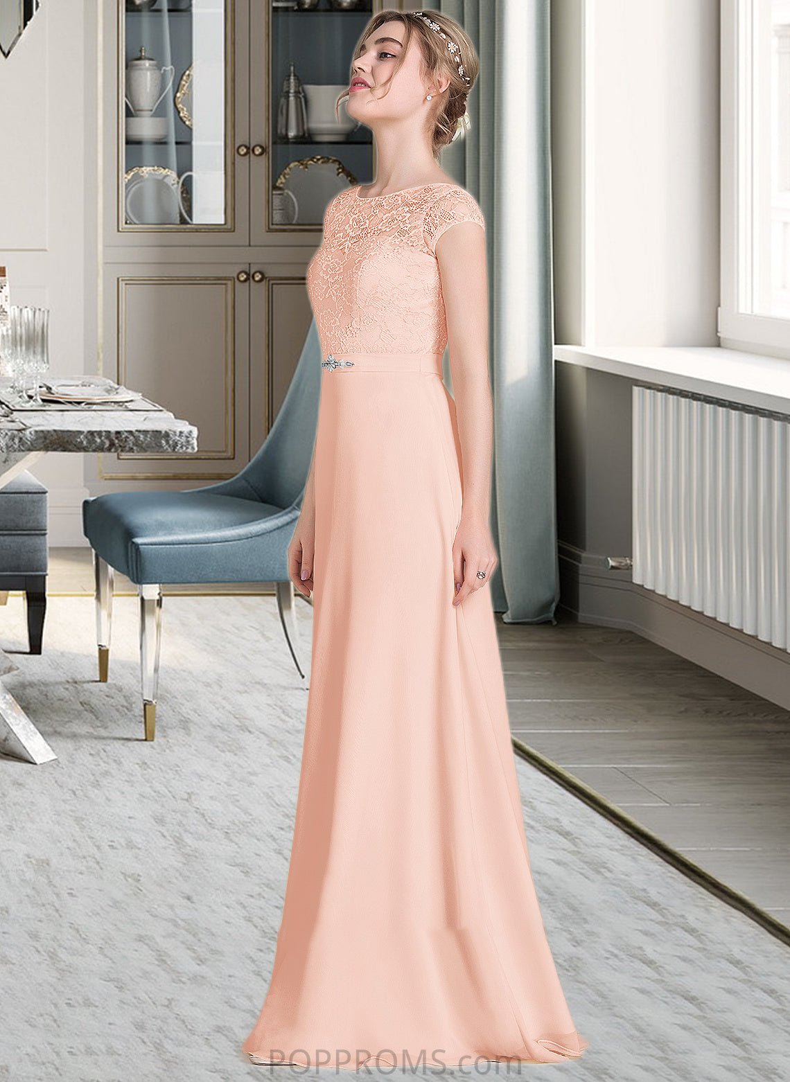 Poll A-Line Scoop Neck Floor-Length Chiffon Lace Bridesmaid Dress With Beading Bow(s) PP6P0013229