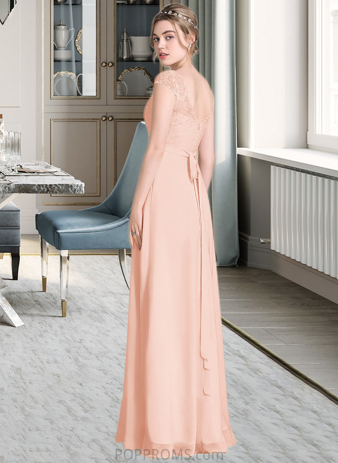 Poll A-Line Scoop Neck Floor-Length Chiffon Lace Bridesmaid Dress With Beading Bow(s) PP6P0013229