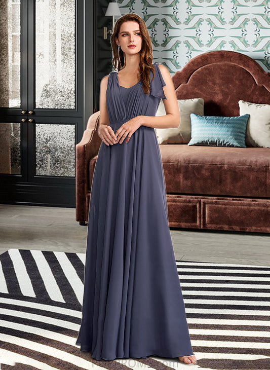 Saniya A-Line V-neck Floor-Length Bridesmaid Dress With Ruffle PP6P0013230