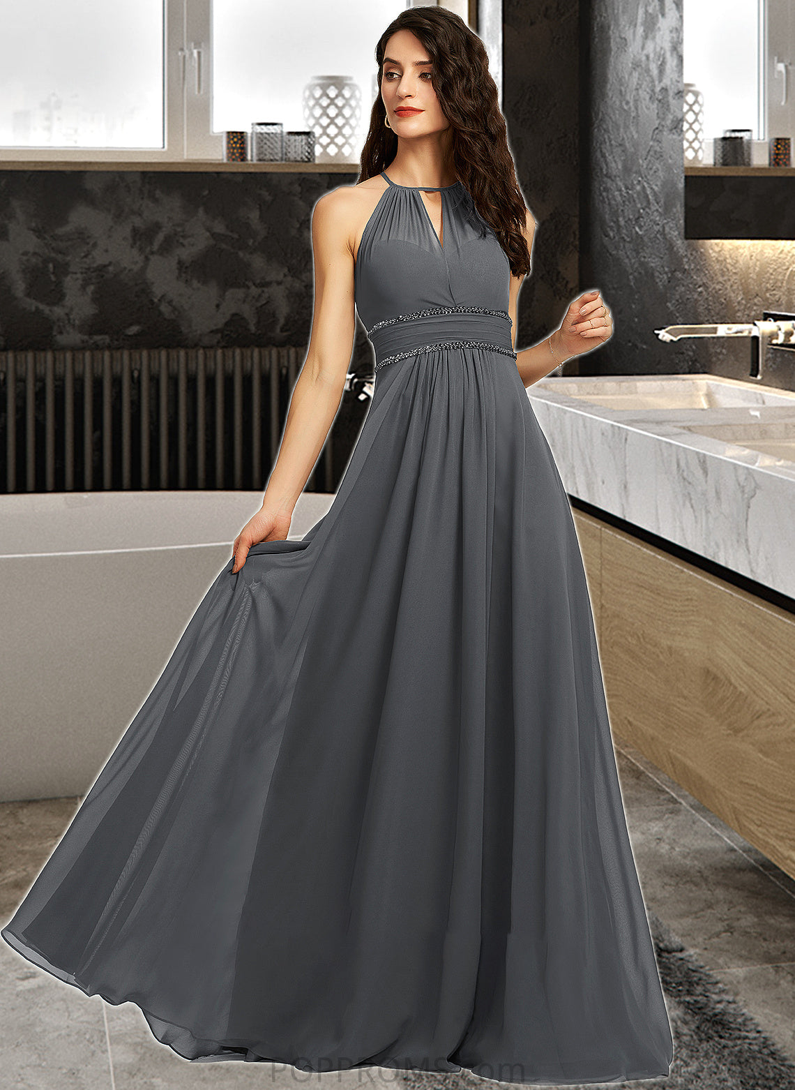 Isis A-Line Halter Floor-Length Chiffon Bridesmaid Dress With Ruffle Beading Sequins PP6P0013232