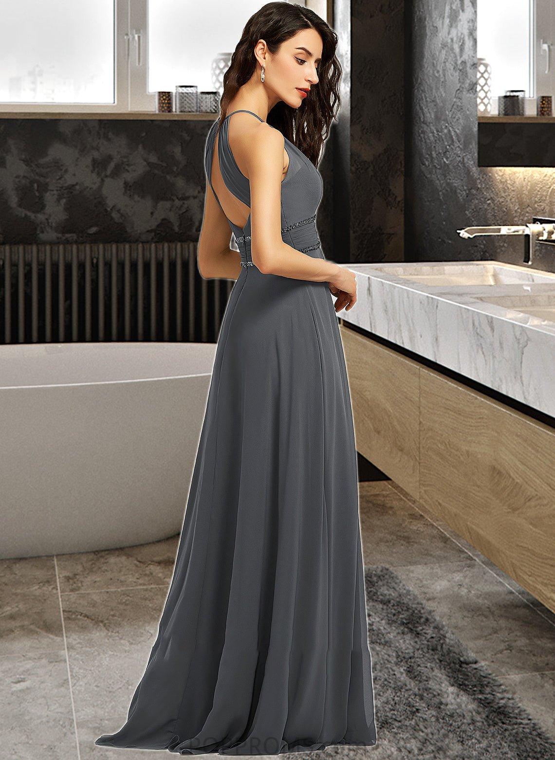 Isis A-Line Halter Floor-Length Chiffon Bridesmaid Dress With Ruffle Beading Sequins PP6P0013232