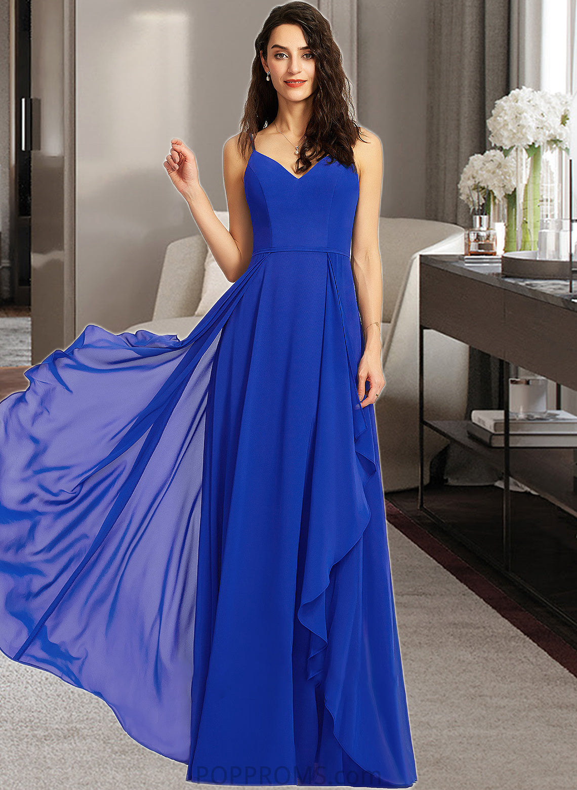 Lilian A-Line V-neck Floor-Length Bridesmaid Dress With Ruffle PP6P0013233