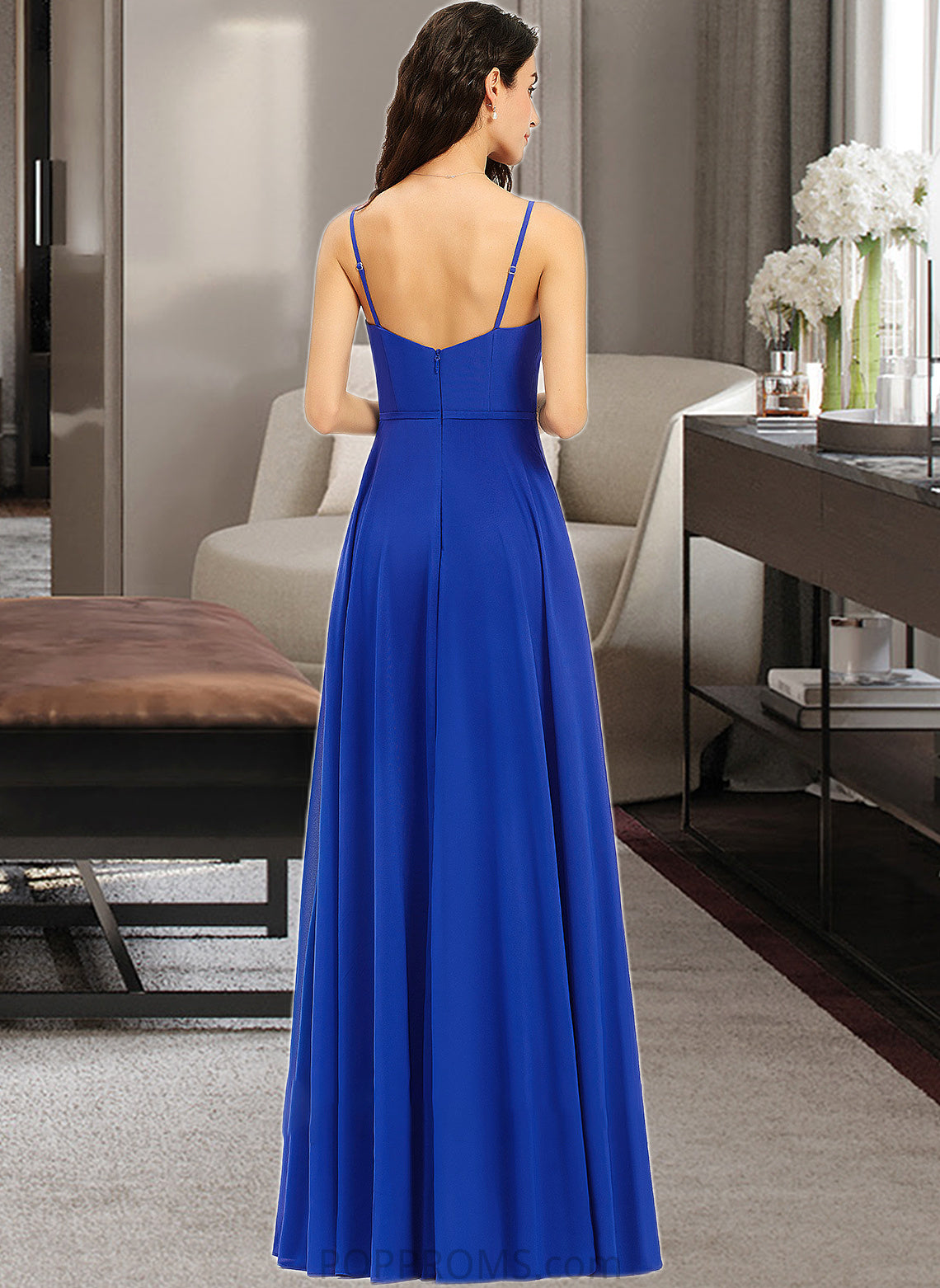 Lilian A-Line V-neck Floor-Length Bridesmaid Dress With Ruffle PP6P0013233