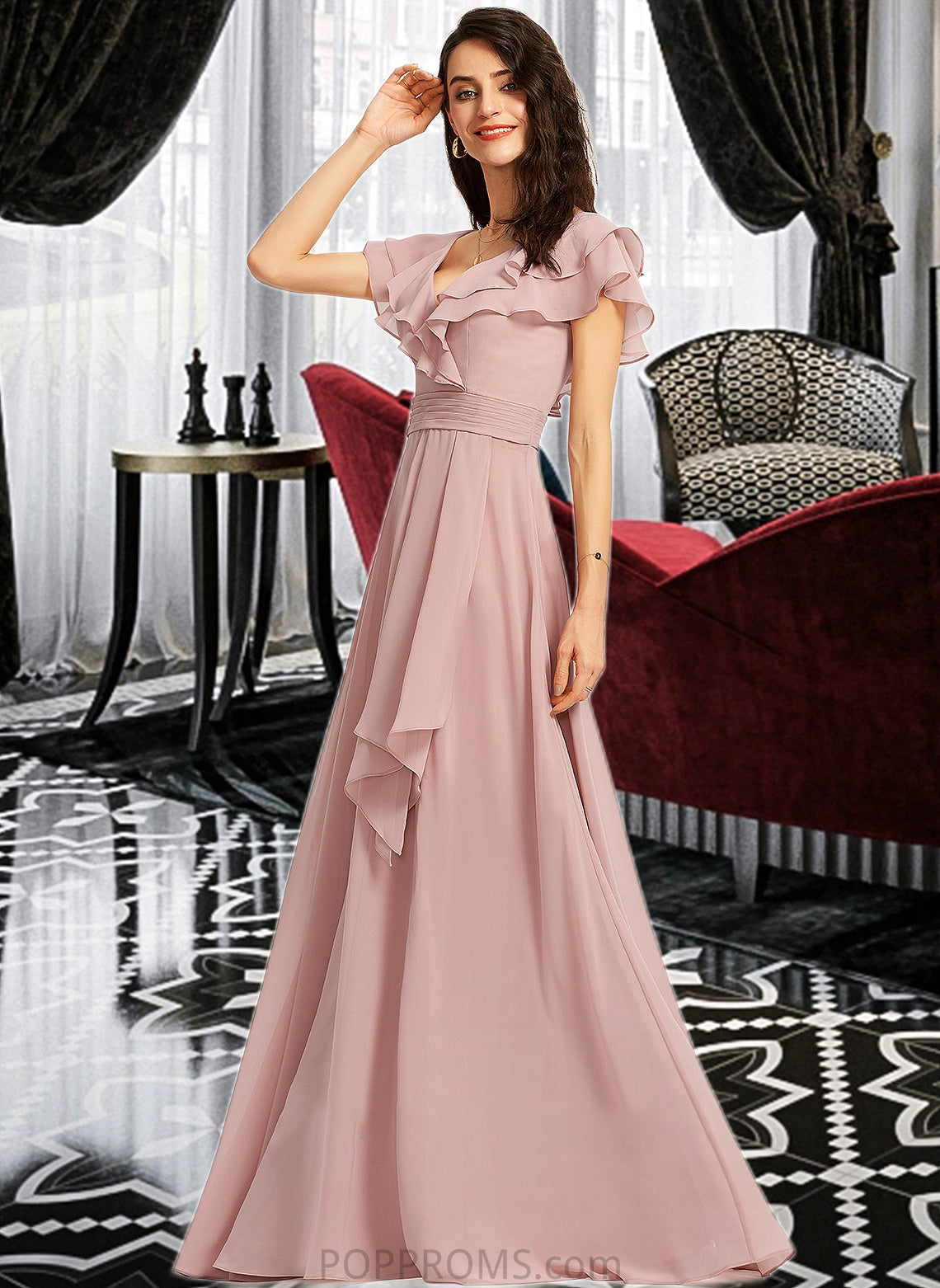 Jaylene A-Line V-neck Floor-Length Bridesmaid Dress With Ruffle Split Front PP6P0013234