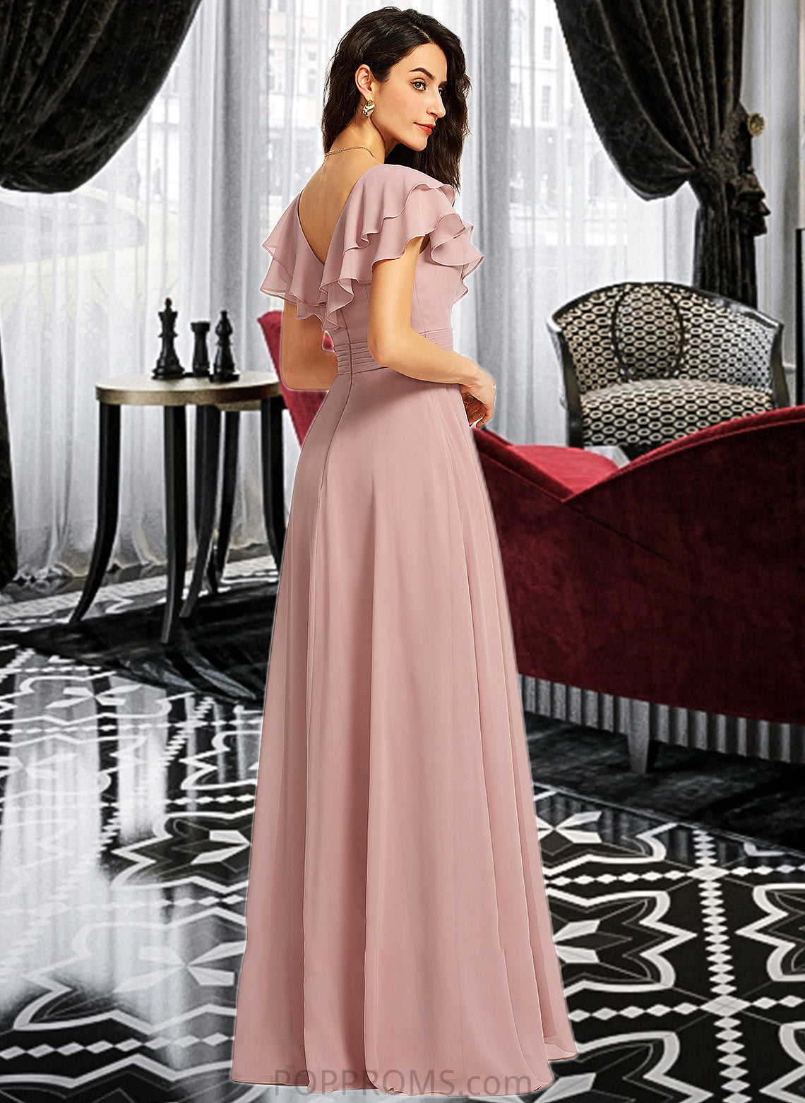 Jaylene A-Line V-neck Floor-Length Bridesmaid Dress With Ruffle Split Front PP6P0013234