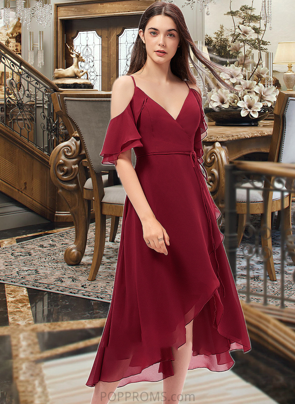 Yaritza A-Line V-neck Asymmetrical Chiffon Bridesmaid Dress With Cascading Ruffles PP6P0013236