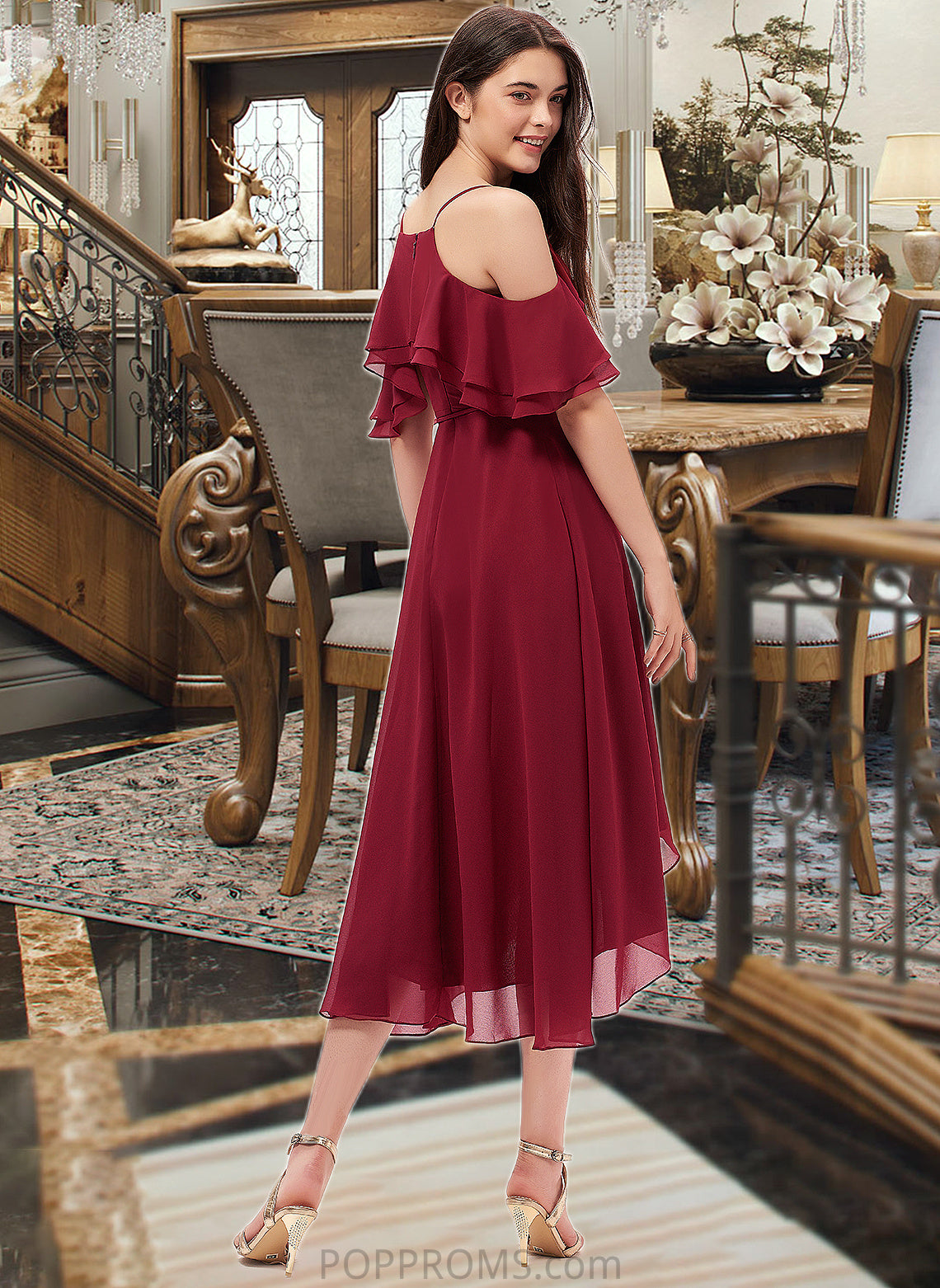 Yaritza A-Line V-neck Asymmetrical Chiffon Bridesmaid Dress With Cascading Ruffles PP6P0013236