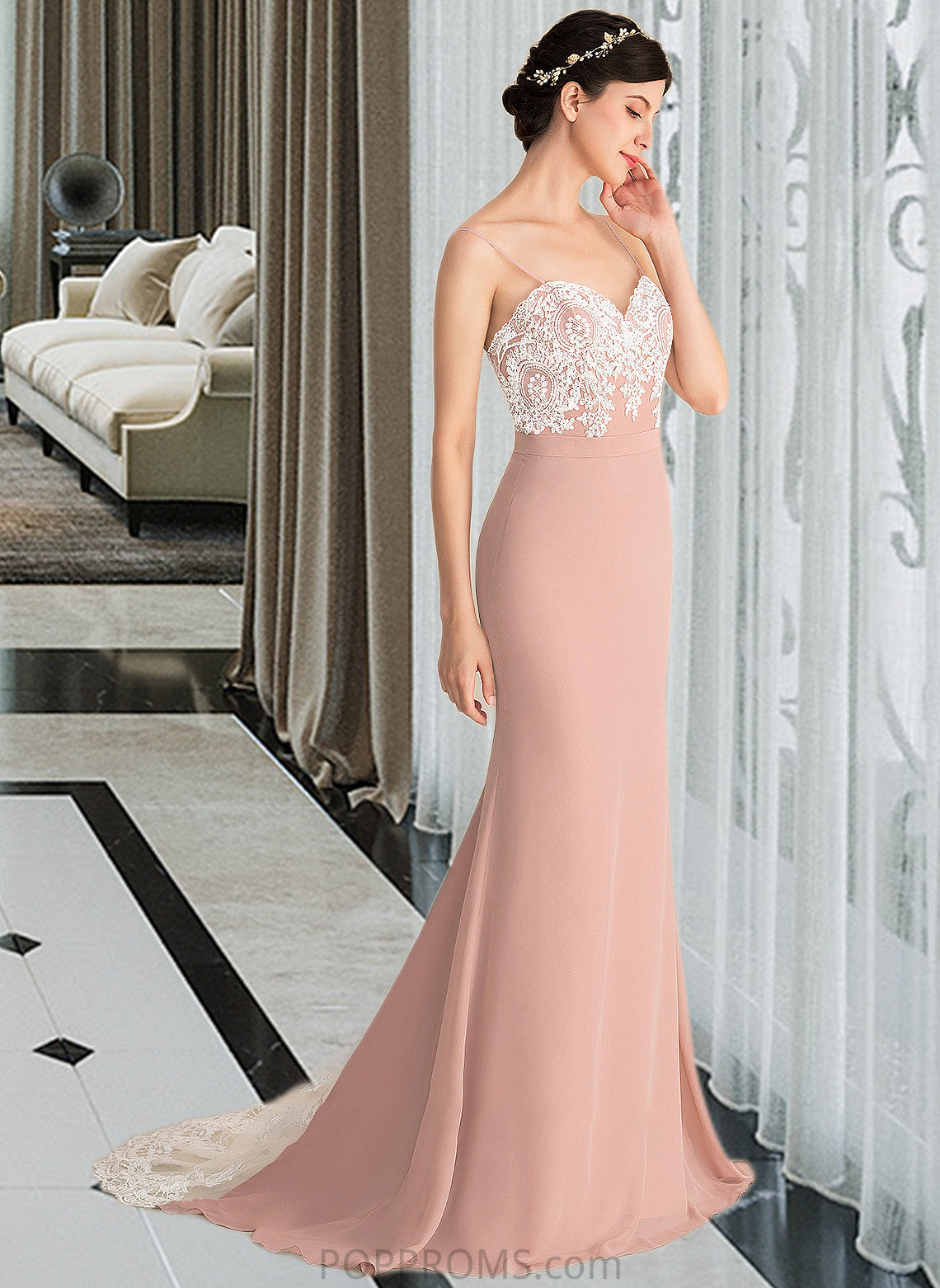 Madilynn Trumpet/Mermaid Sweetheart Sweep Train Chiffon Lace Bridesmaid Dress PP6P0013237