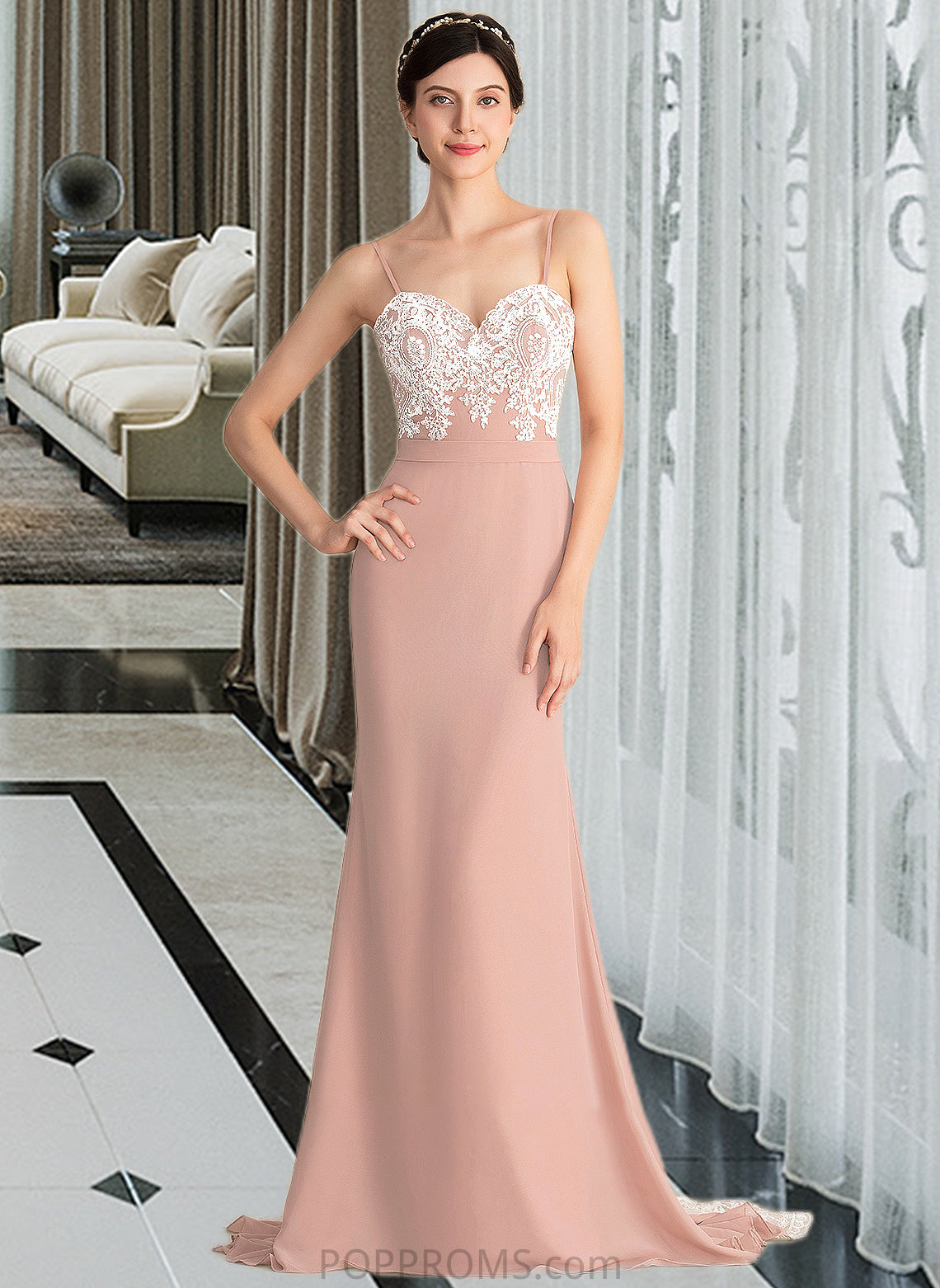 Madilynn Trumpet/Mermaid Sweetheart Sweep Train Chiffon Lace Bridesmaid Dress PP6P0013237