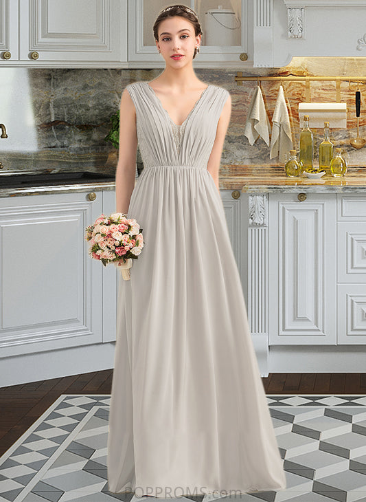 Yoselin A-Line V-neck Floor-Length Chiffon Lace Bridesmaid Dress With Ruffle PP6P0013238